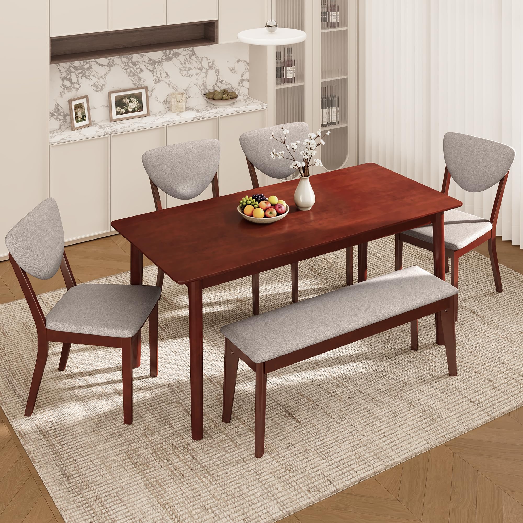 6-Piece Solid Rubberwood Dining Set with Bench & Upholstered Chairs