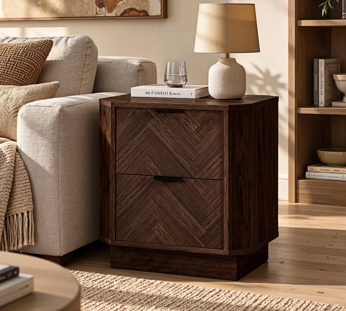 AKESONG 21.7" Nightstands with Charging Station, Herringbone Design, Walnut