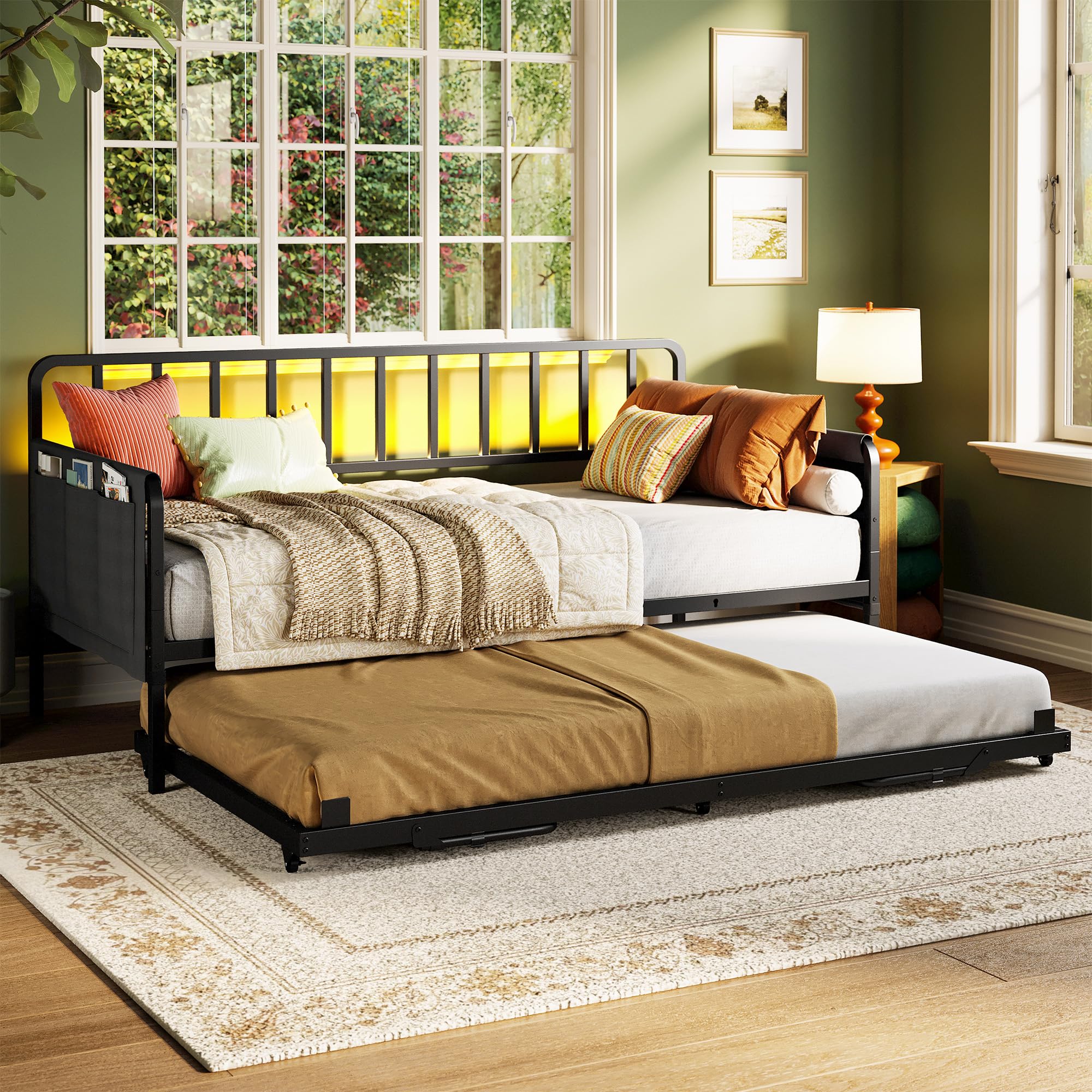 LIKIMIO Twin Daybed with Trundle, Charging Station & LED Lights, Metal Sofa Bed Frame with Side Storage, Noise-Free, No Box Spring Needed for Small Space, Guest Room, Living Room