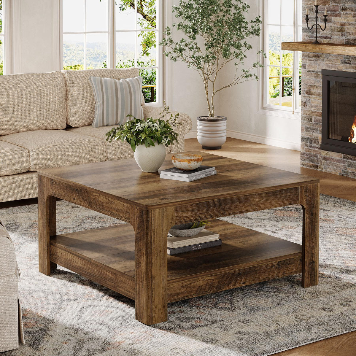 Tribesigns Square Coffee Table with Storage, 39.4-Inch Large Farmhouse Wooden Center Tea Accent Table for Living Room, Rustic Brown