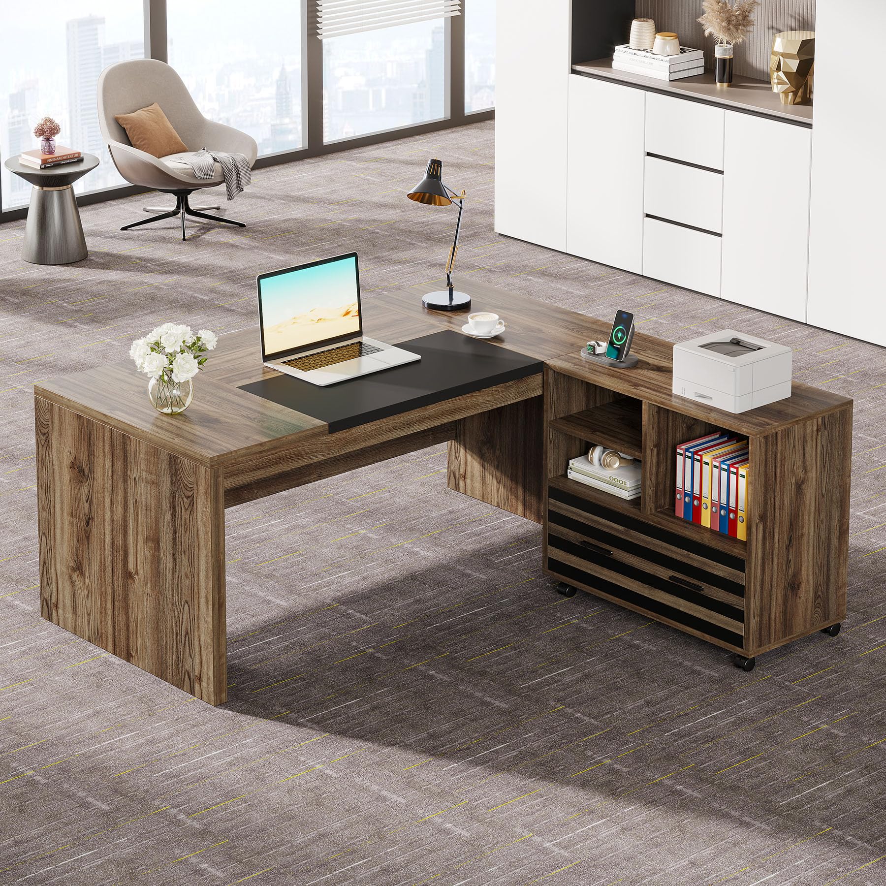 L-Shaped Executive Desk with Mobile File Cabinet