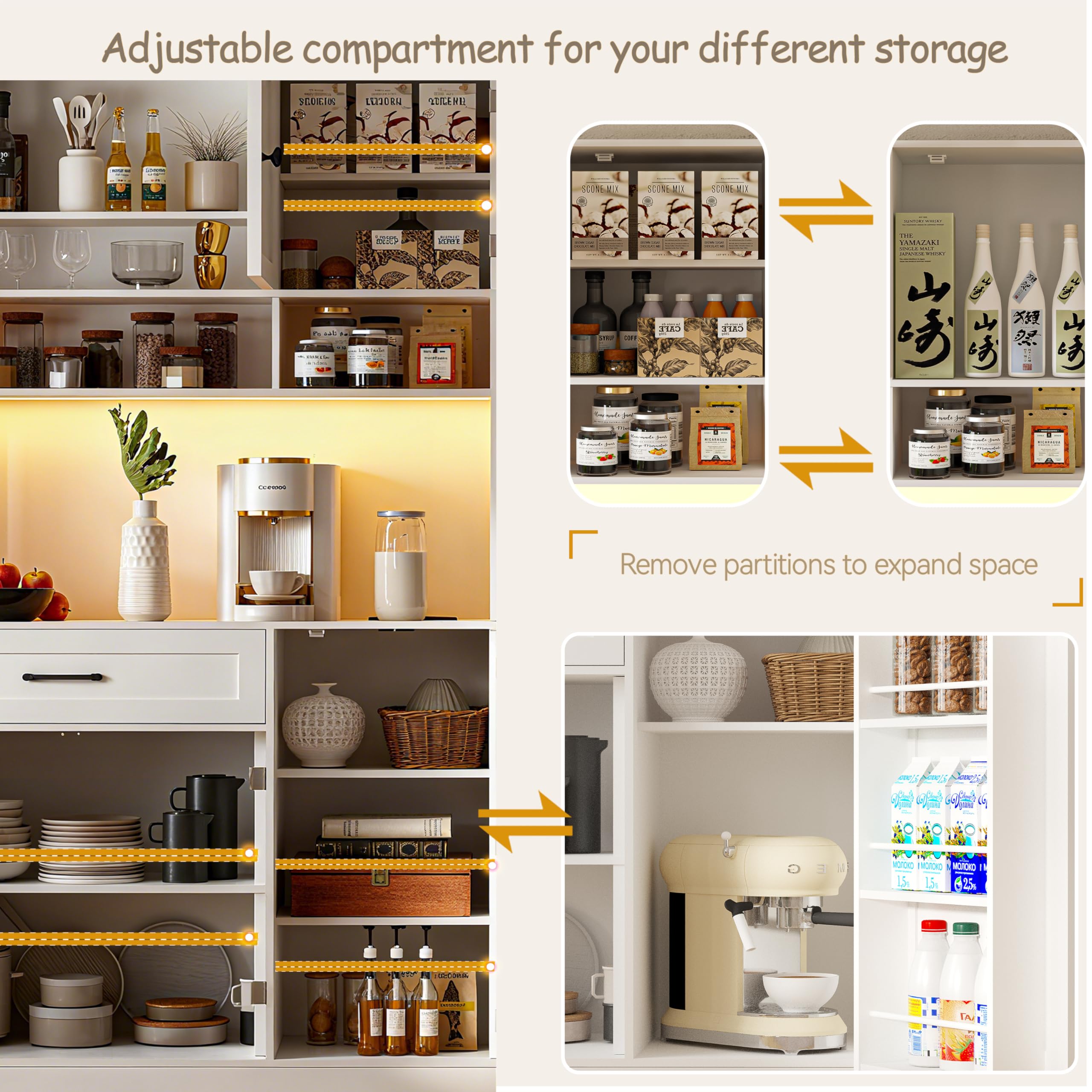 FJTJBSI 72" Kitchen Pantry Cabinet with LED Light and Charging Station Tall Pantry Storage Cabinet with Adjustable Shelves and Door Shelves Modern Kitchen Hutch with Microwave Stand and Countertop