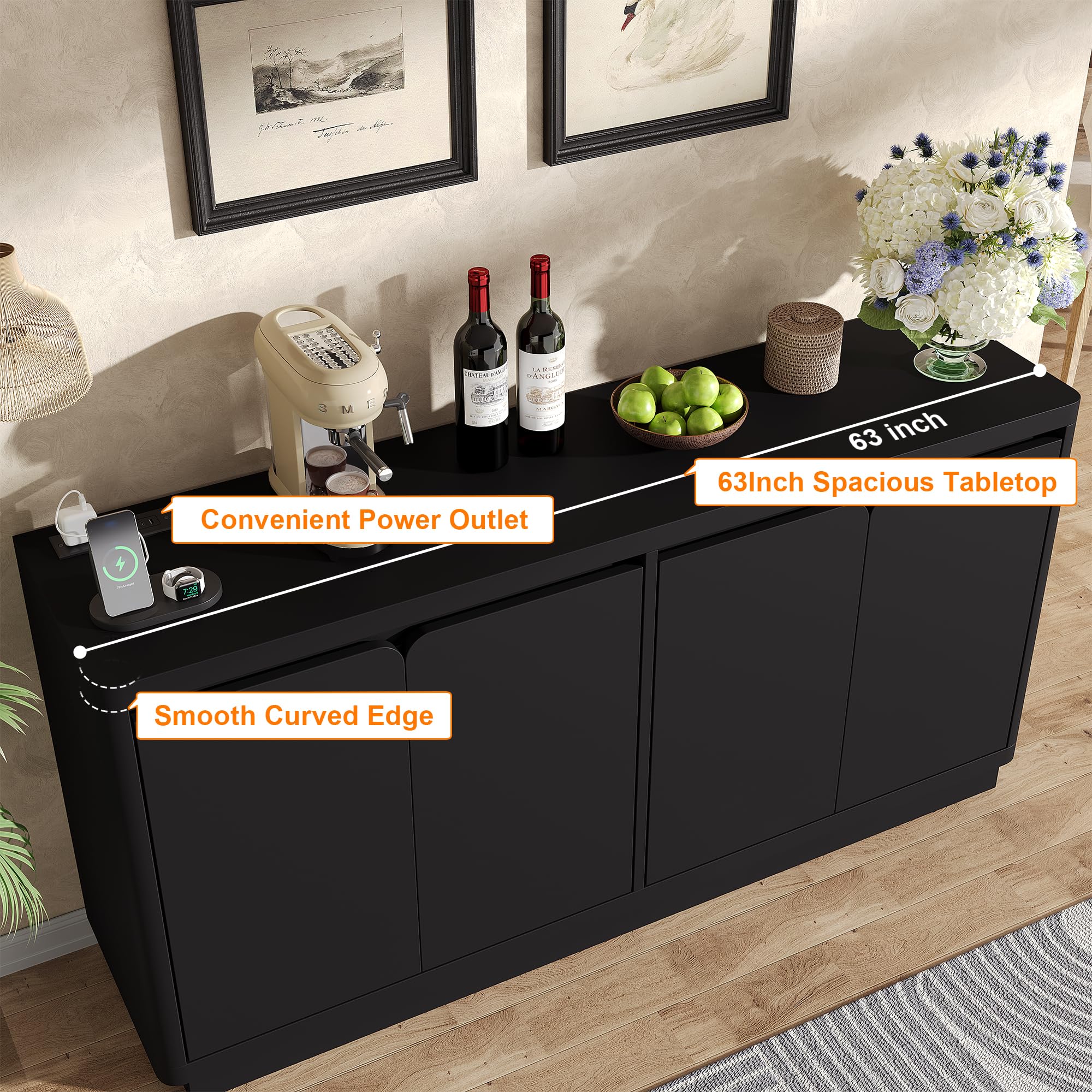 knoworld 63" Buffet Cabinet with Storage & Power Outlet, Wood Sideboard Credenza with Double-Arc Doors, Modern Coffee Bar Console Table for Kitchen Dining Room, Black