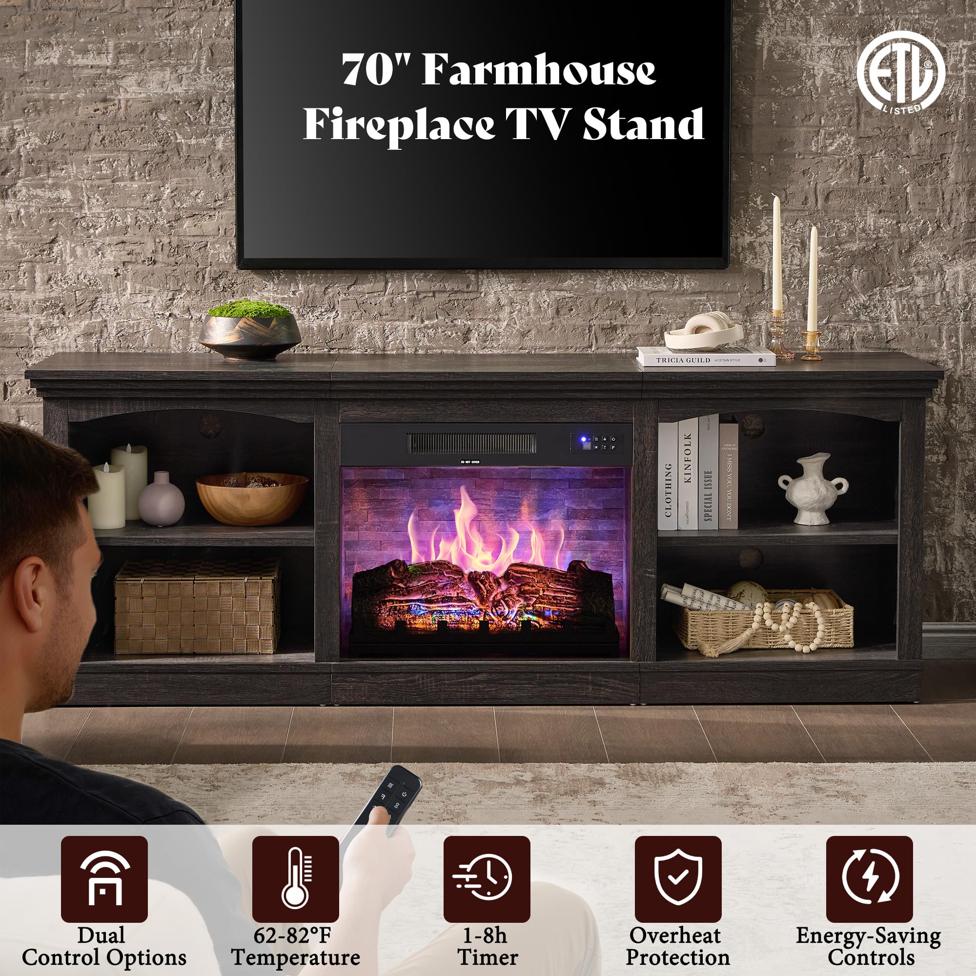 70-Inch Fireplace TV Stand with Electric Fireplace