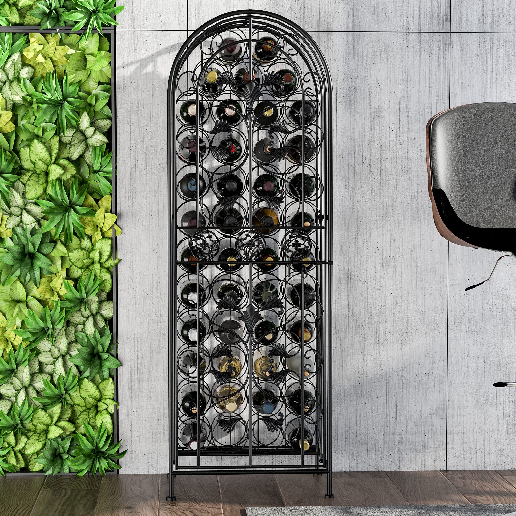 HOMCOM 45 Bottle Wrought Iron Wine Rack Jail with Lock - Black