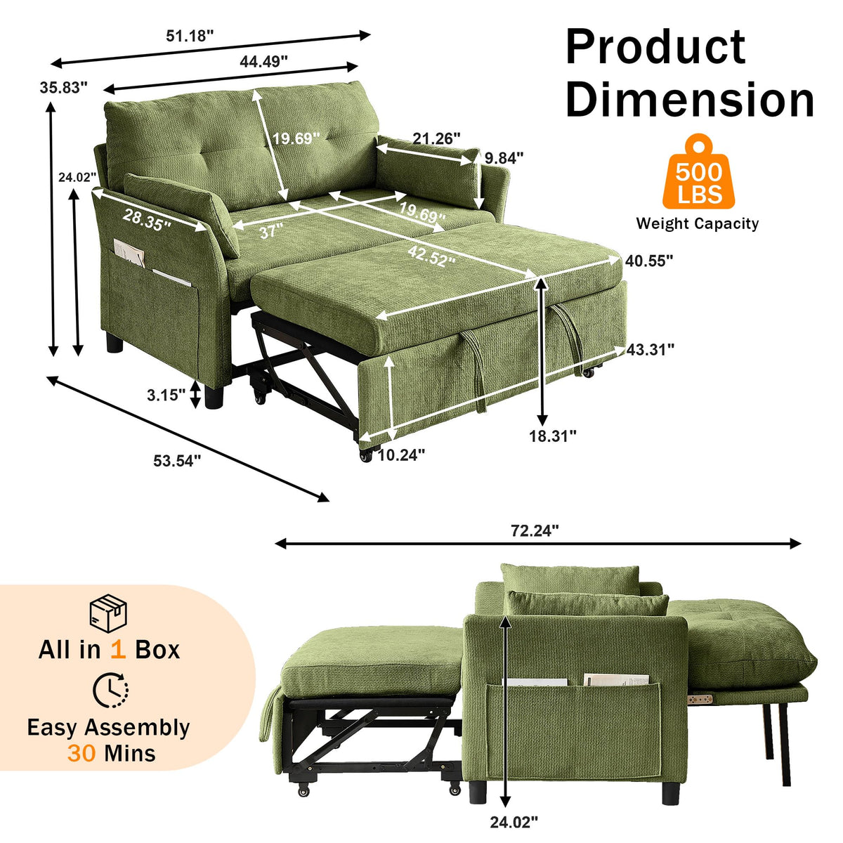 Green 3-in-1 Sleeper Loveseat