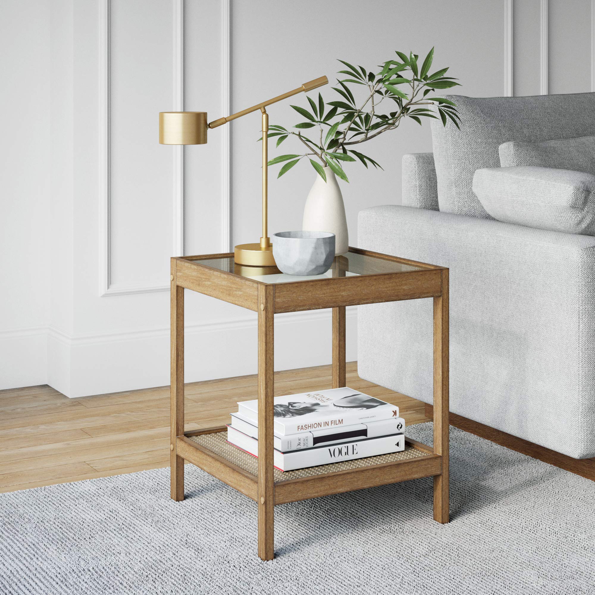 Glass Top End Table with Rattan Shelf
