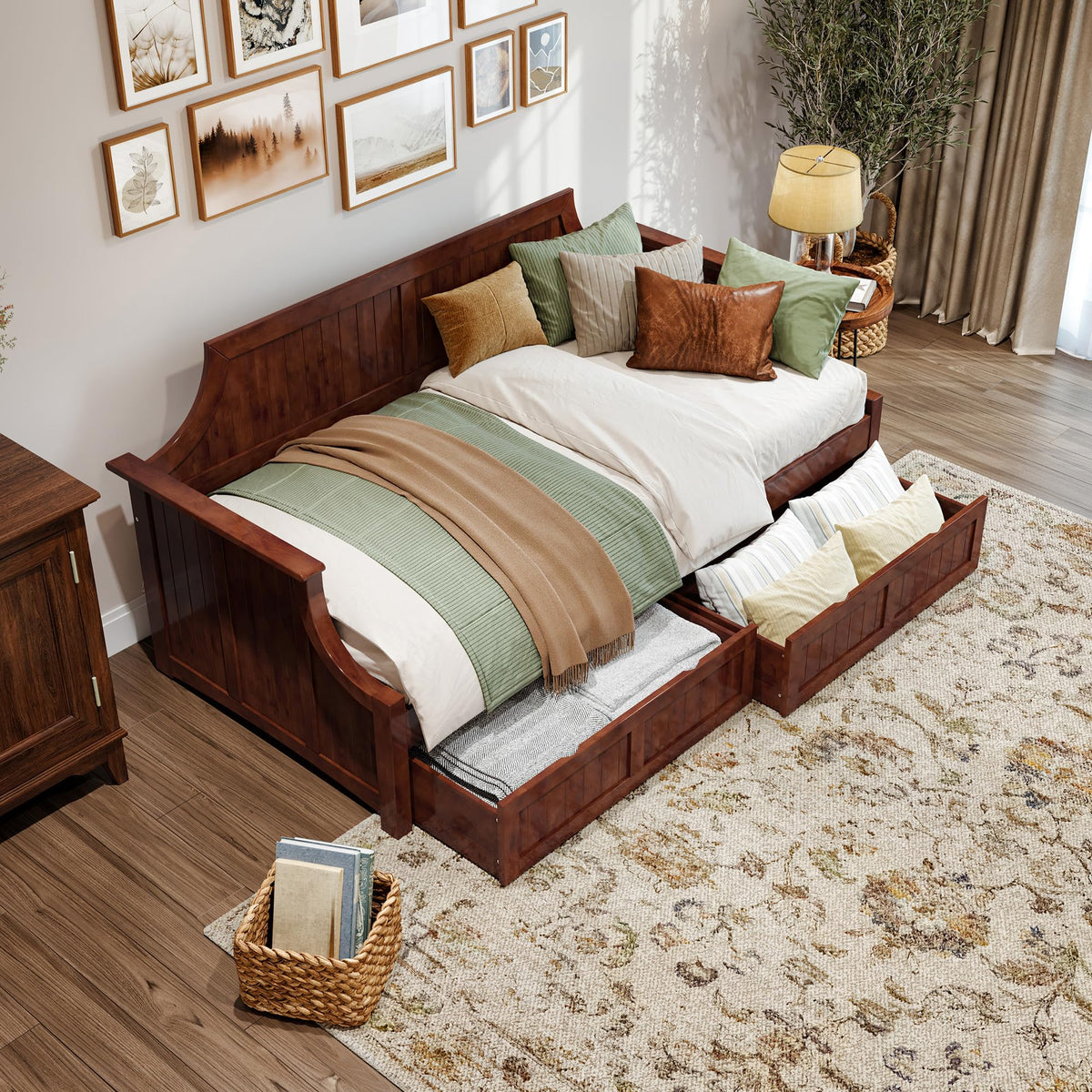 AFI, Cambridge Twin Wood Daybed with 2 Storage Drawers, Walnut