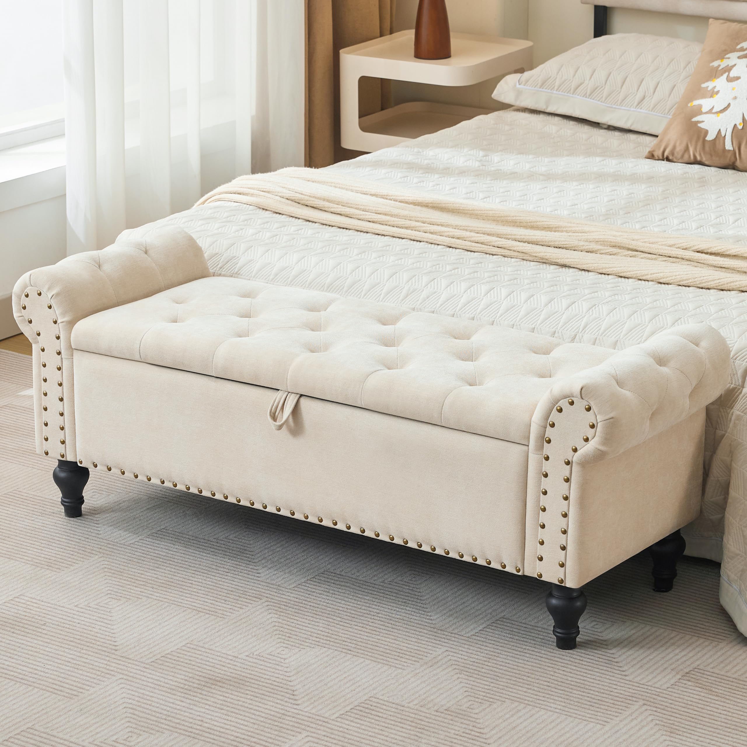 Dowiean 51" Storage Ottoman Bench, End of Bed Bench for Bedroom, Storage Ottomans for Foot of Bed, Chenille Upholstered Benches, Window Benches for Living Room, Entryway, Beige