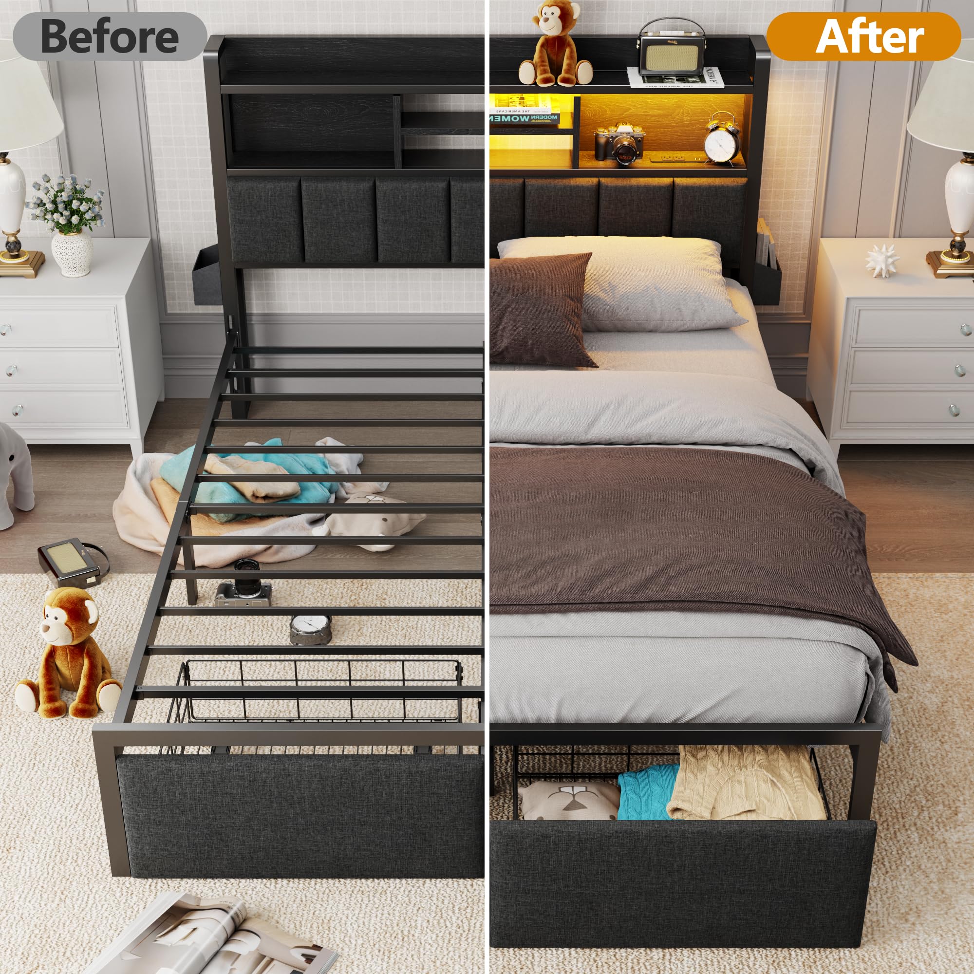 Upholstered Platform Bed Frame with Storage Drawers, LED Lights & Charging Station