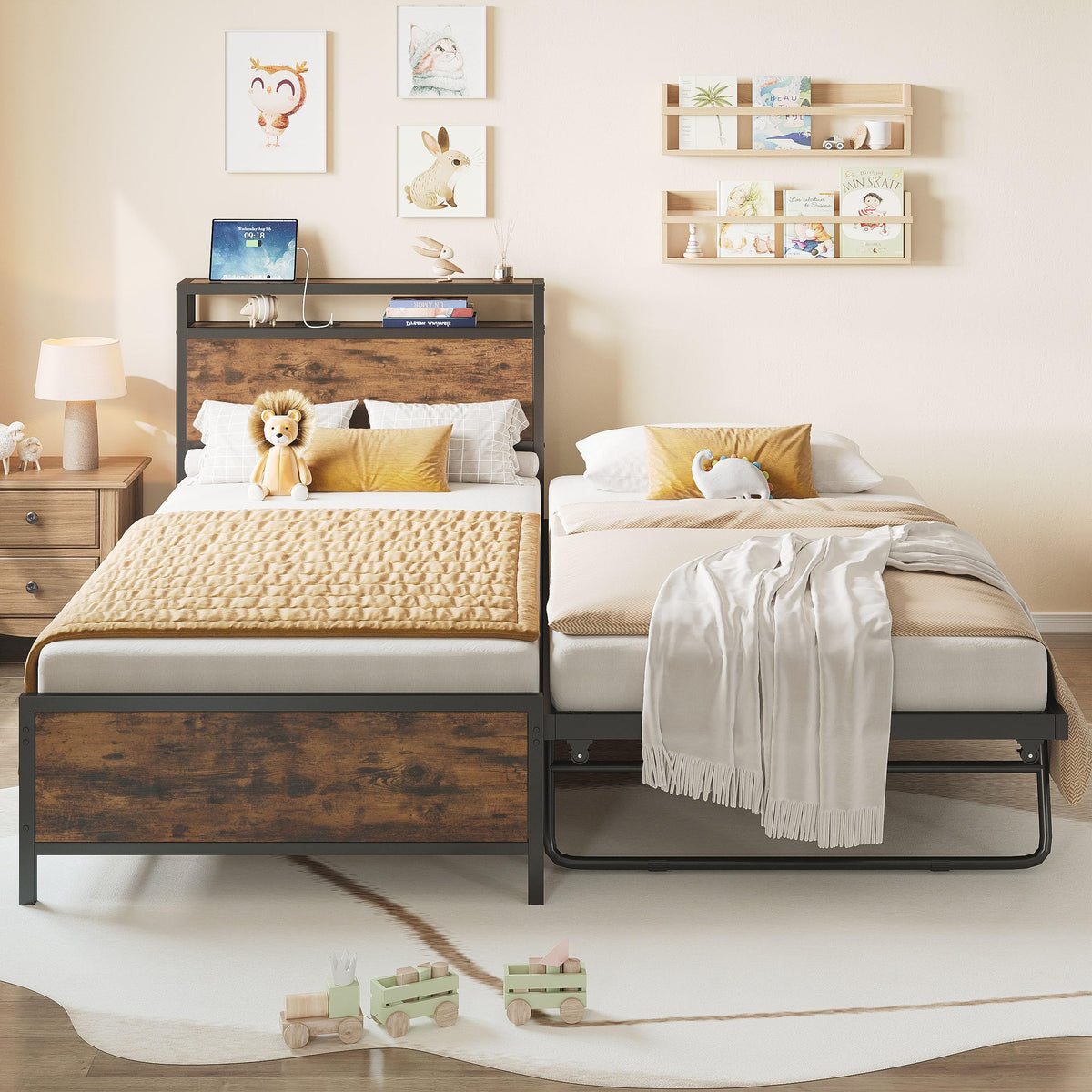 IRONCK Twin Daybed with Trundle Bed & Storage Headboard & Charging Station
