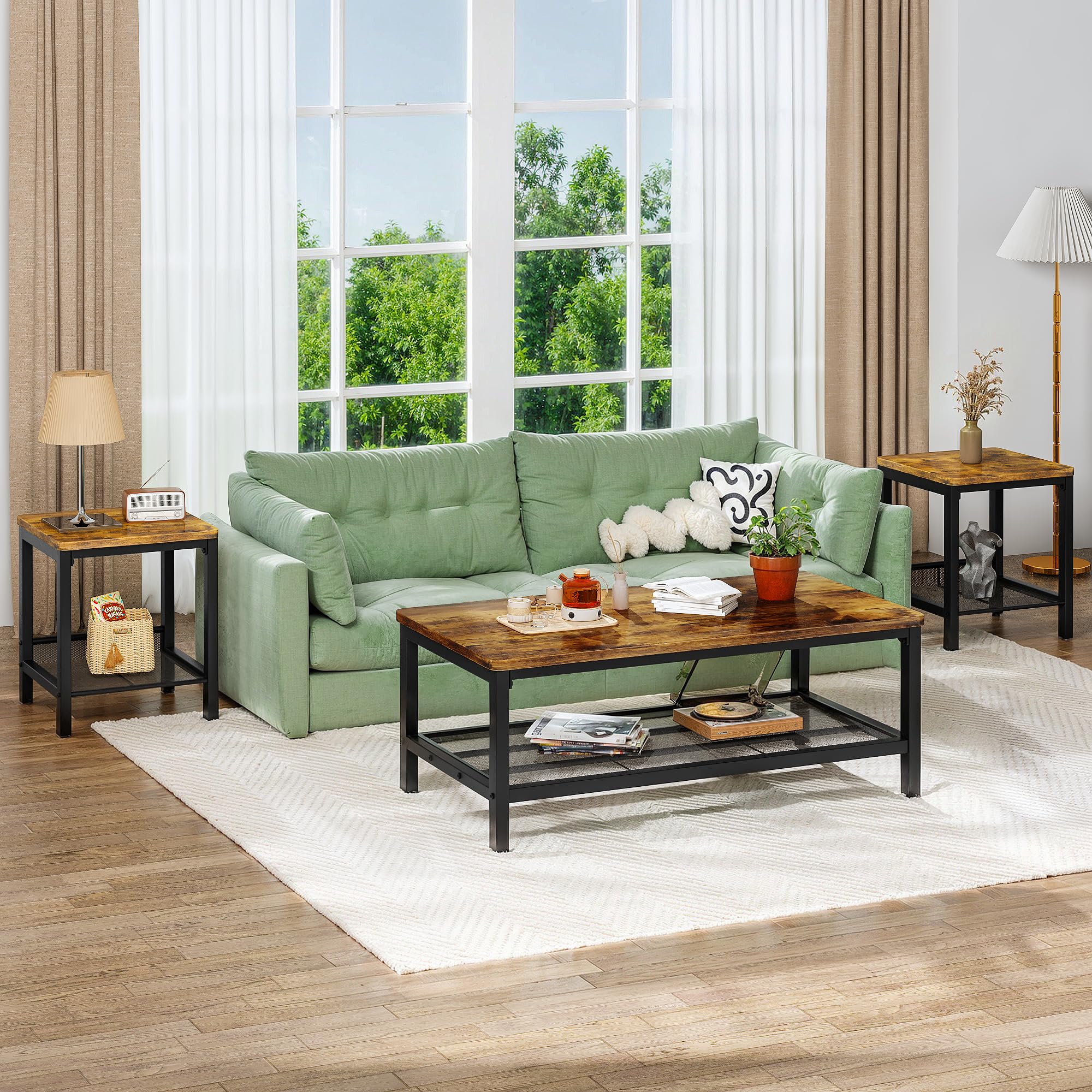 3-Piece Industrial Coffee Table Set with 2 End Tables