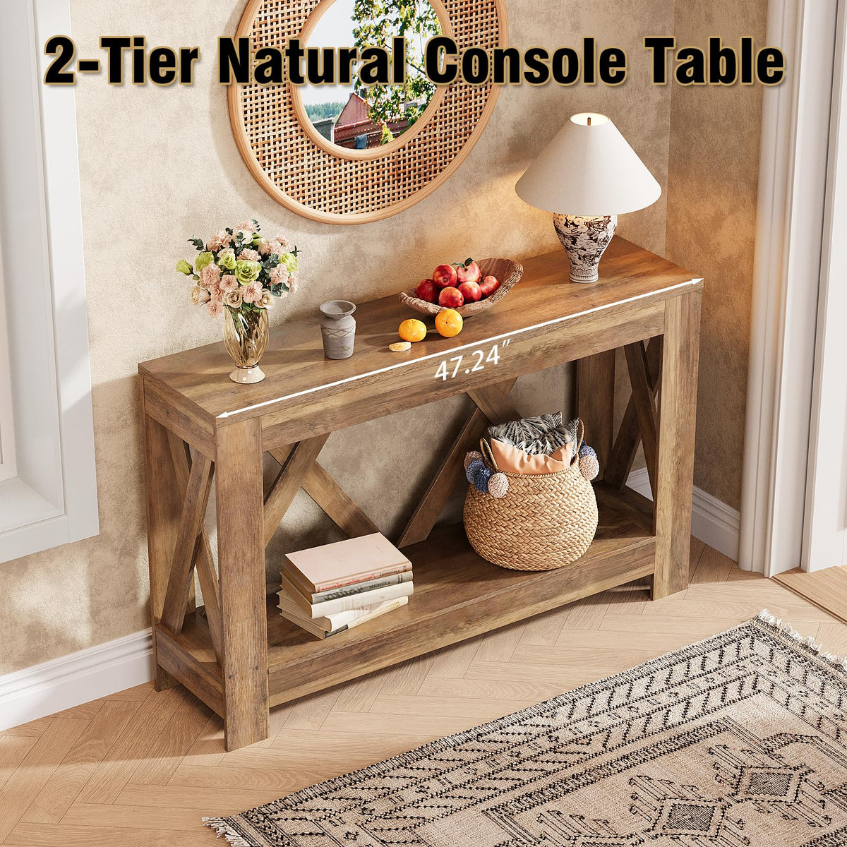 Tohomeor 47.2" Farmhouse Entryway Table, Wooden Rectangular Entry Table, 2-Tier Storage Modern Sofa Table Behind Couch for Entrance, Living Room, Hallway, Foyer, Retro Brown