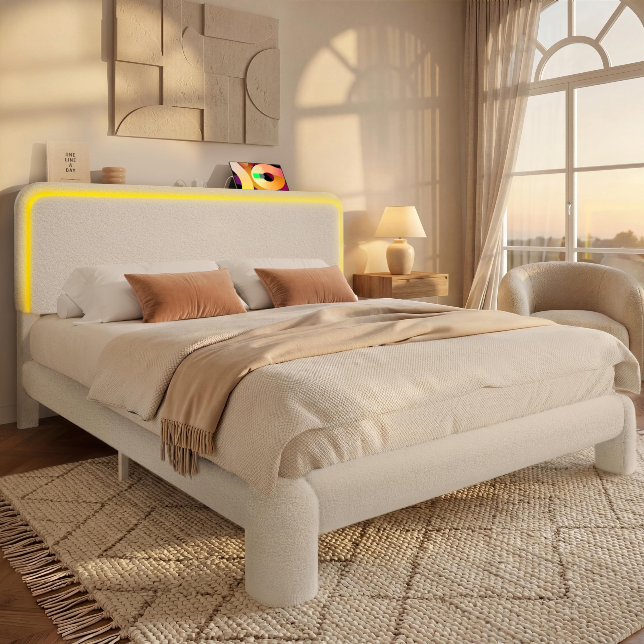 Queen Boucle Upholstered Bed Frame with Charging Station & LED Light