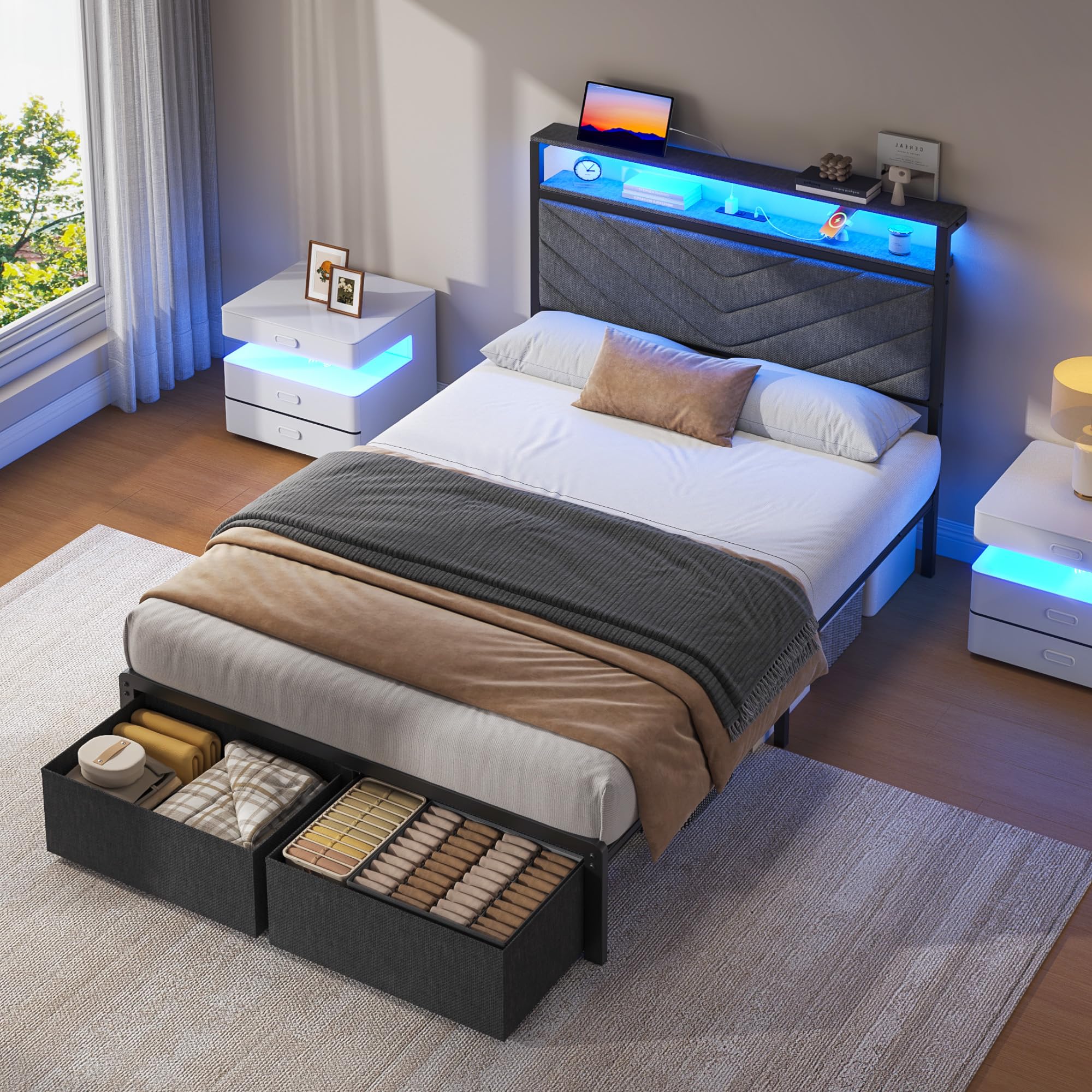 Upholstered Bed Frame with Storage Drawers, LED Lights & Charging Station