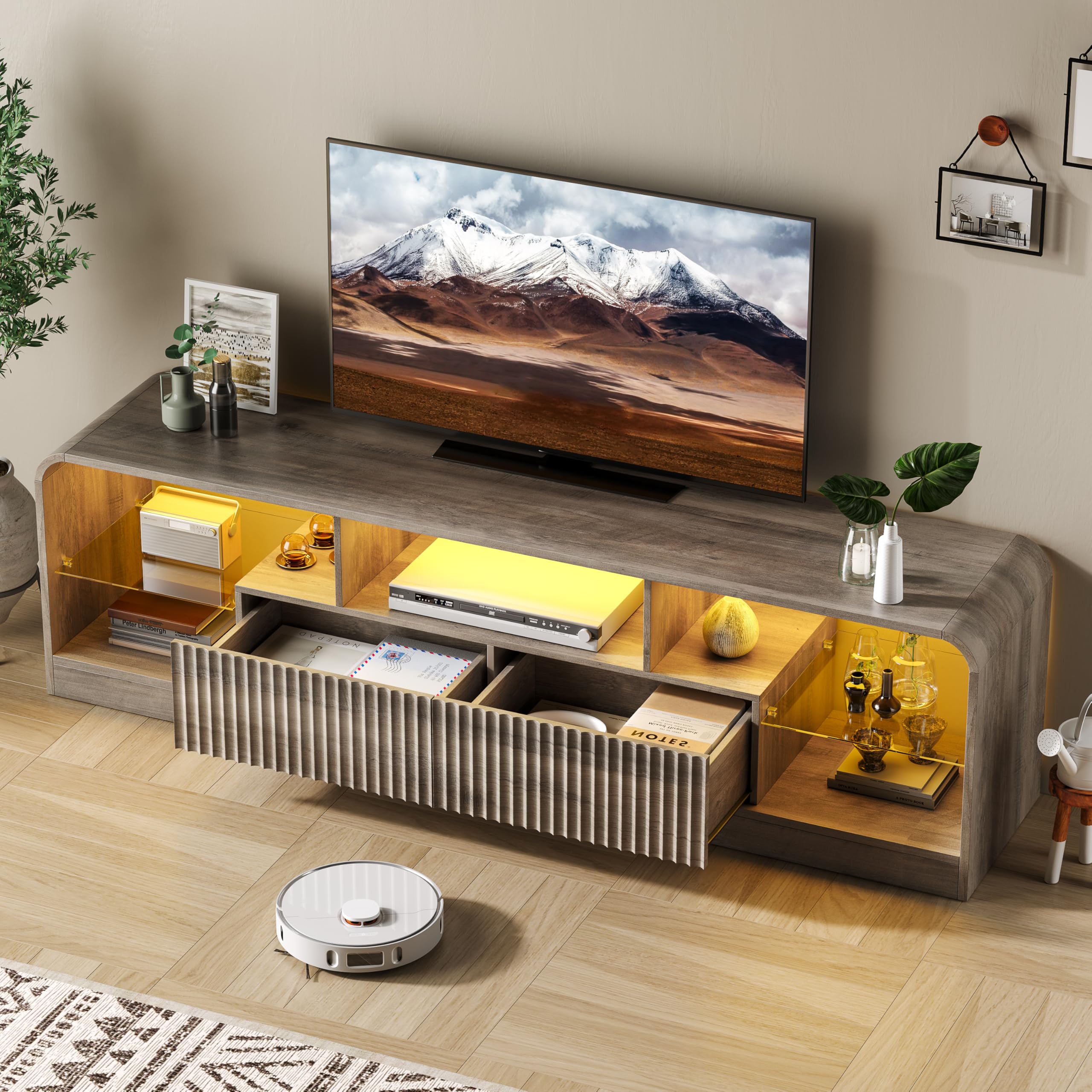 TV Stand with LED Lights & Glass Shelves