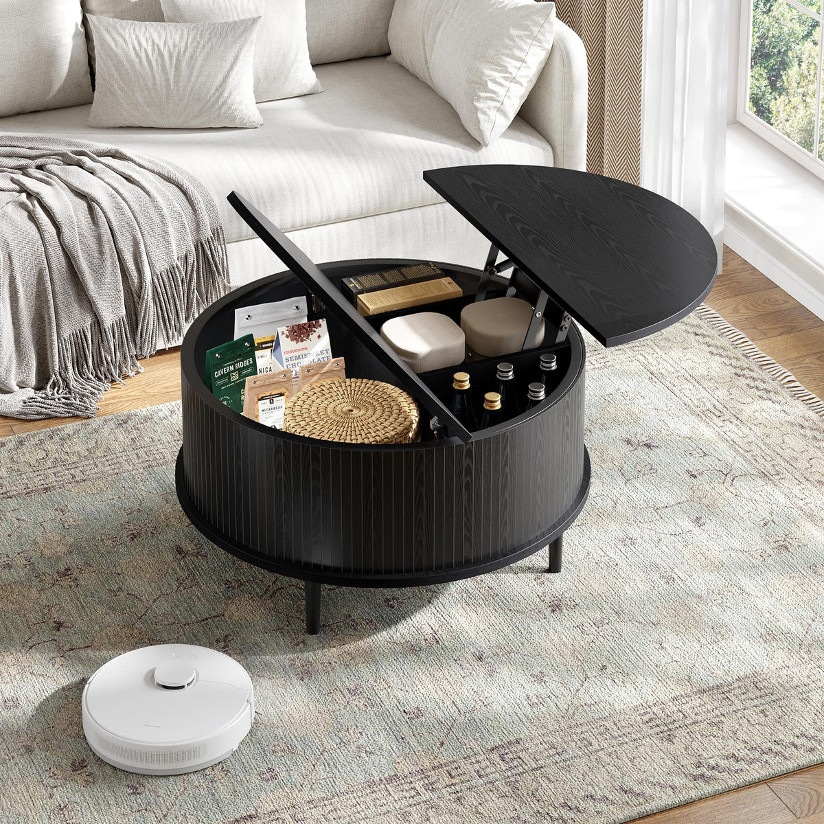 Garvee Round Coffee Table with Storage, 31.5" Lift Top Center Table, Black