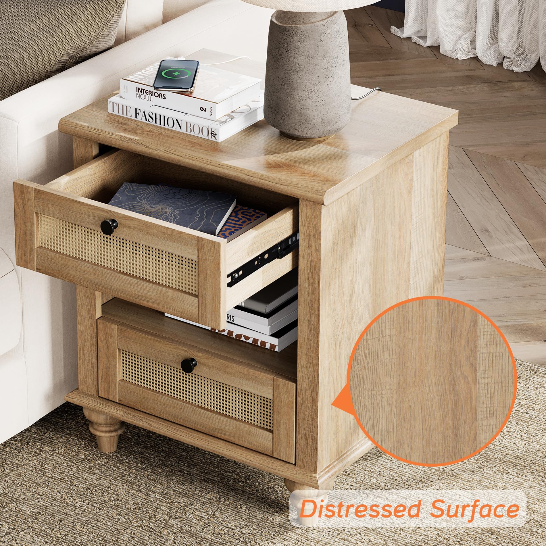 WAMPAT 4 Piece Dresser and Nightstand Sets - Includes Two Farmhouse 3 Drawer Dressers for Bedroom, Set of 2 Side Tables Bedside Table with Charging Station, 4 Piece Bedroom Set, Oak