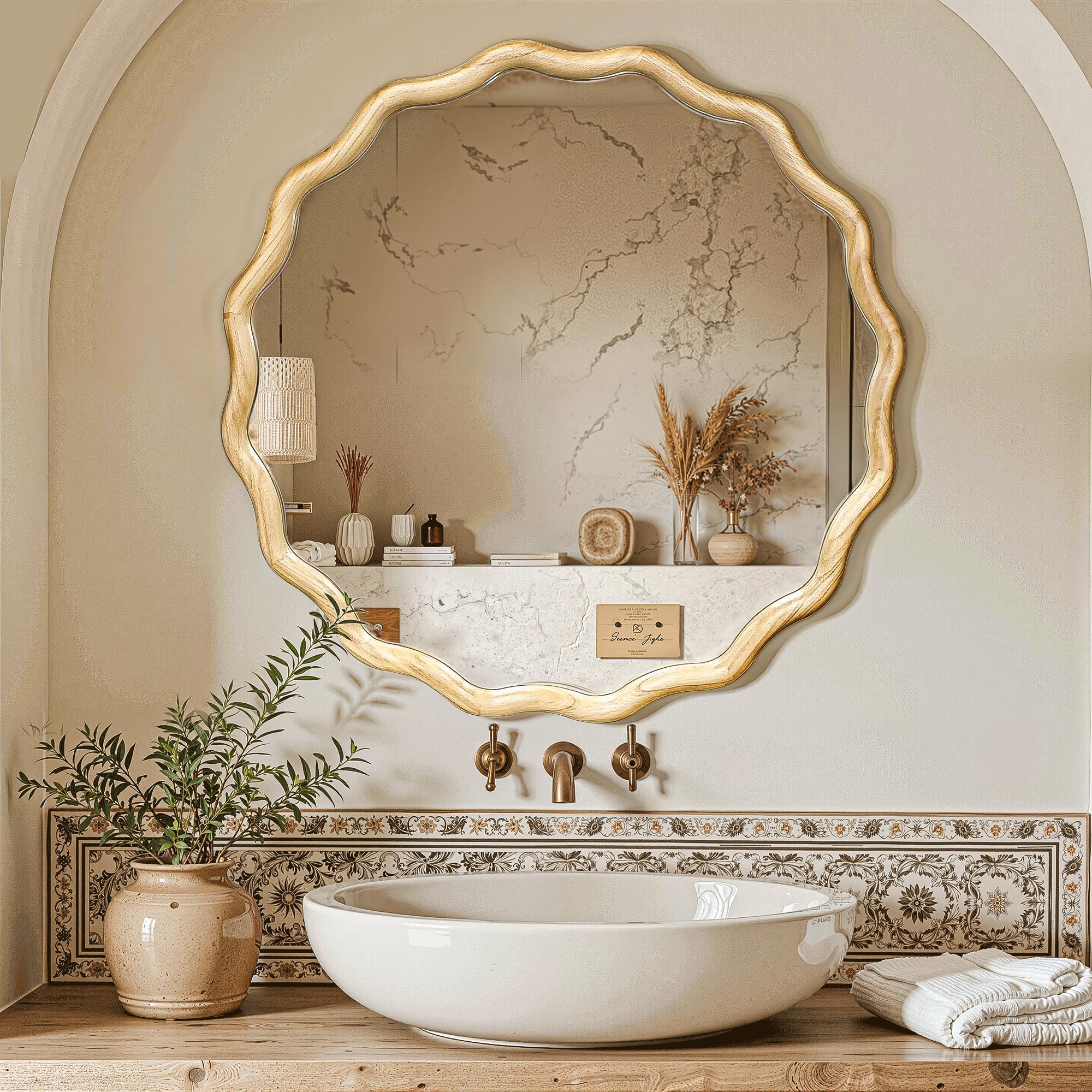 Circle Wood Mirrors for Wall, Wavy Round Bathroom Scalloped Mirror Wooden Frame 28 Inch for Living Room Farmhouse Bedroom Hallway Entryway Living Room with Shatterproof Glass Wall Mounted