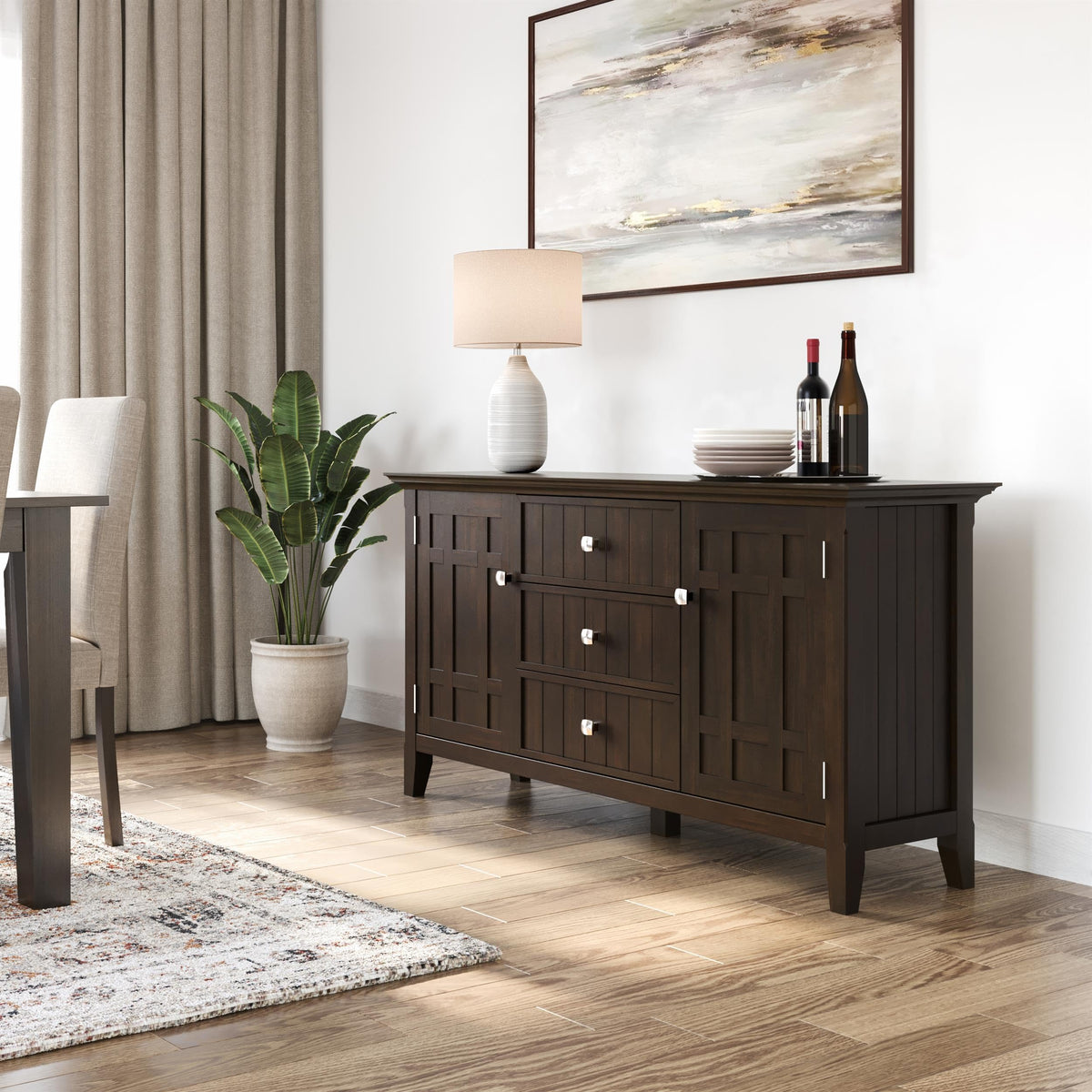 SIMPLIHOME Bedford 54" Wide Solid Wood 2-Door Buffet in Brunette Brown