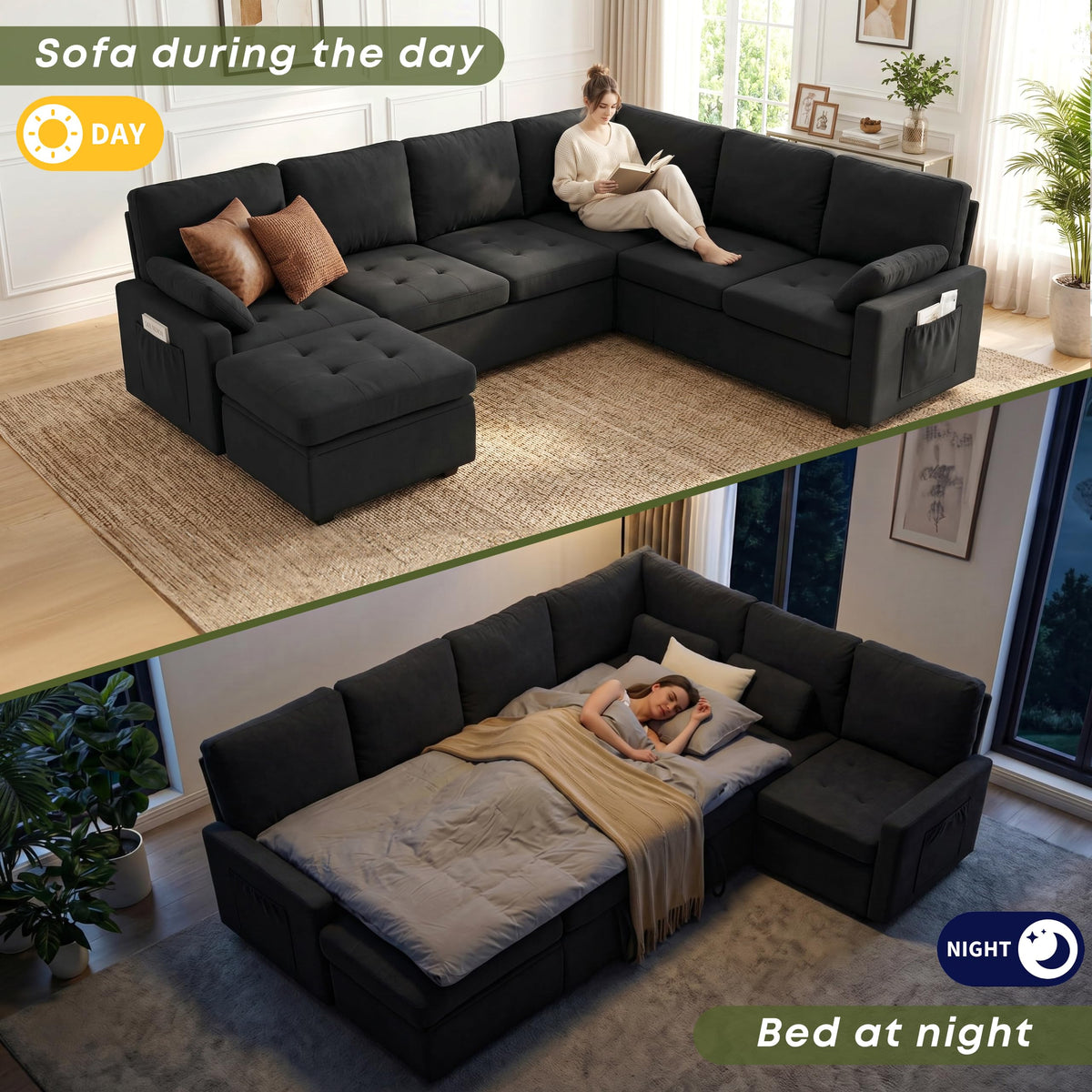 Leitonroom 105" Pull Out Couch with Storage, Sleeper Sofa, 7 Seat U Shaped Sectional Couches for Living Room, Family & Pet Friendly Chenille, Modular Sectional Couch with Removable Covers, Black