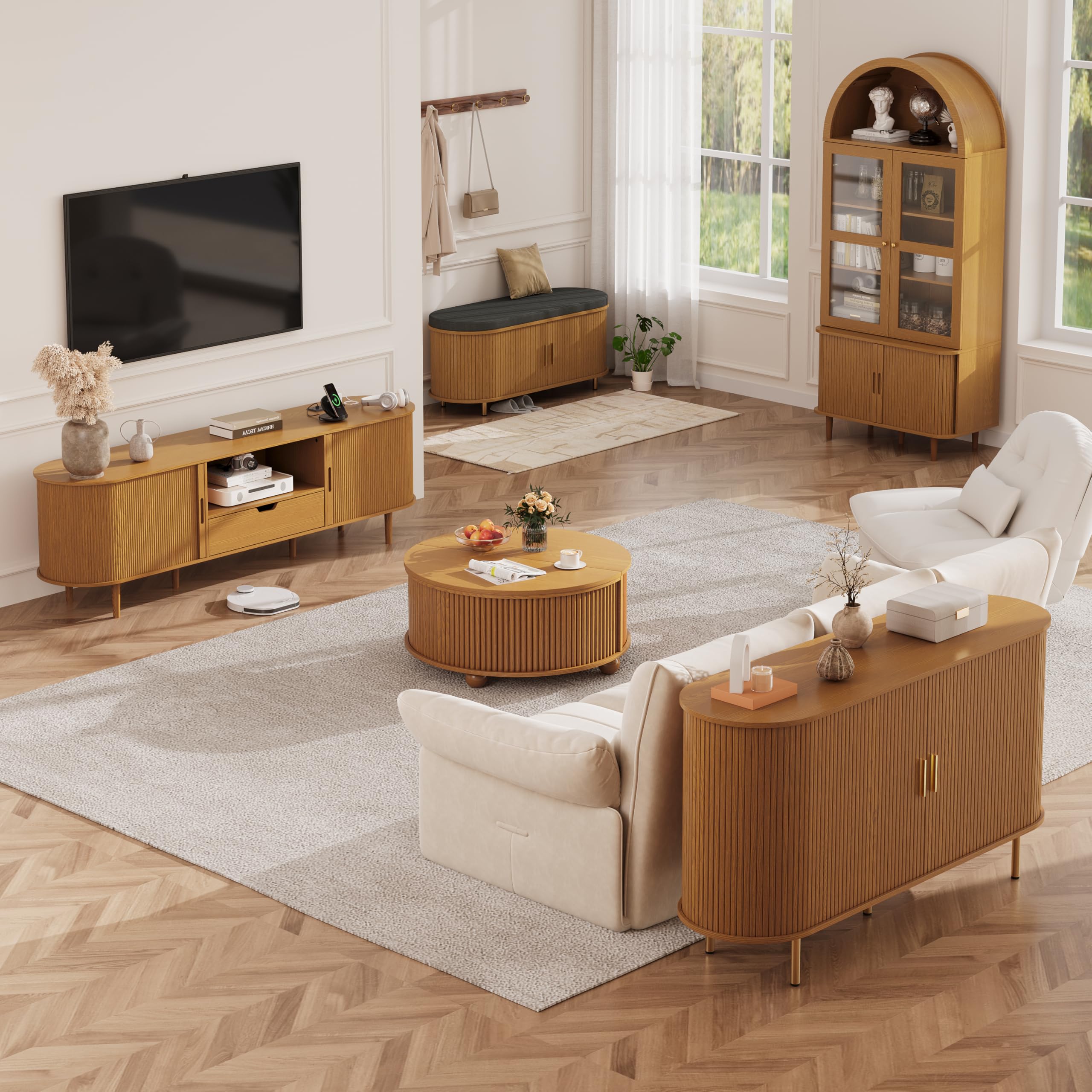 DHH Fluted Round Coffee Tables,31.5" Mid Century Modern Circle Drum Table with Storage, Accent Coffee Table with Sliding Cabinet Door for Living Room Small Space (Yellow Oak)