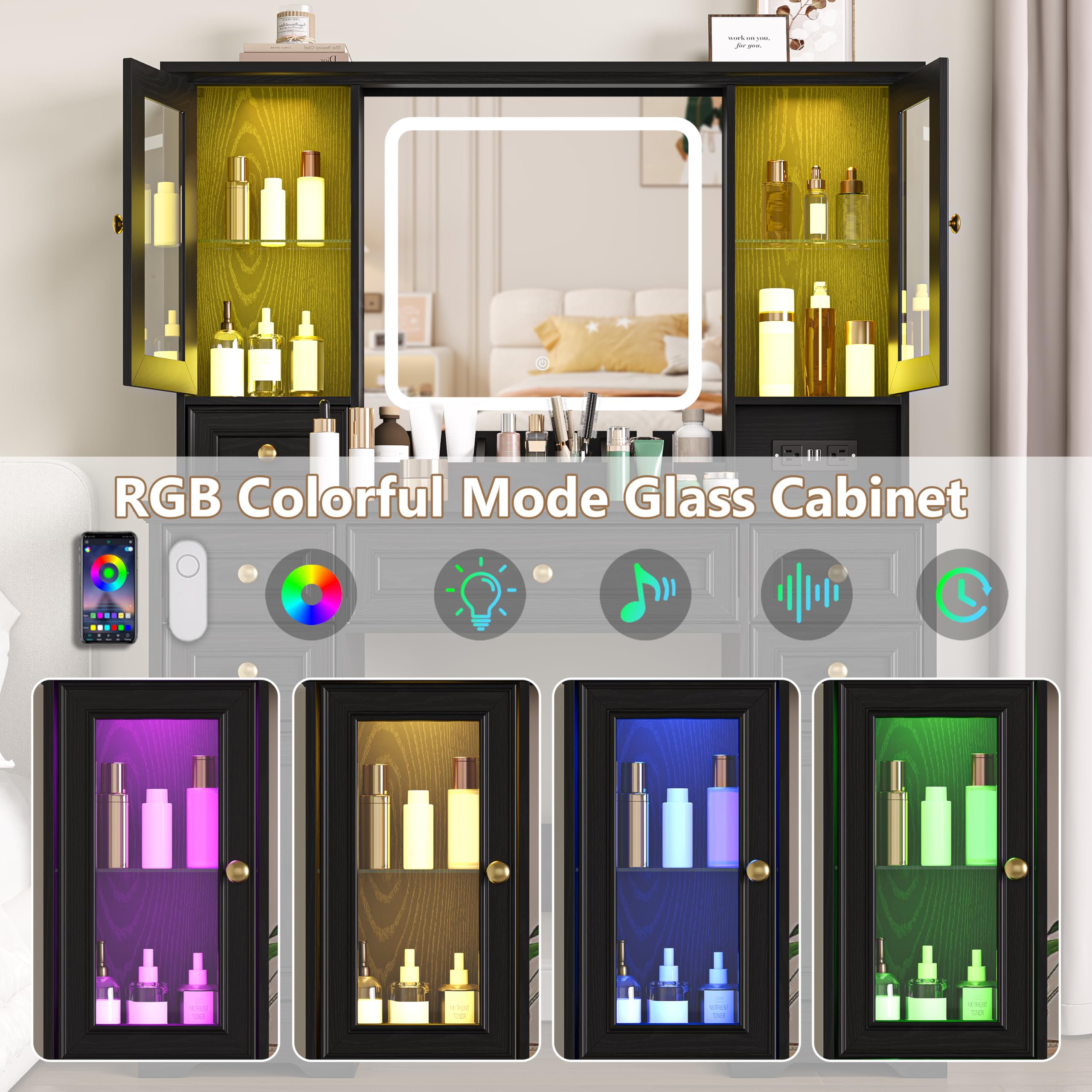 Makeup Vanity Desk with Mirror and Lights, Farmhouse Vanity Table Set with 6 Drawer&Charging Station, Makeup Desk with RGB Cabinets, Black Vanity with Lighted Mirror for Girls Women, 3 Light Modes