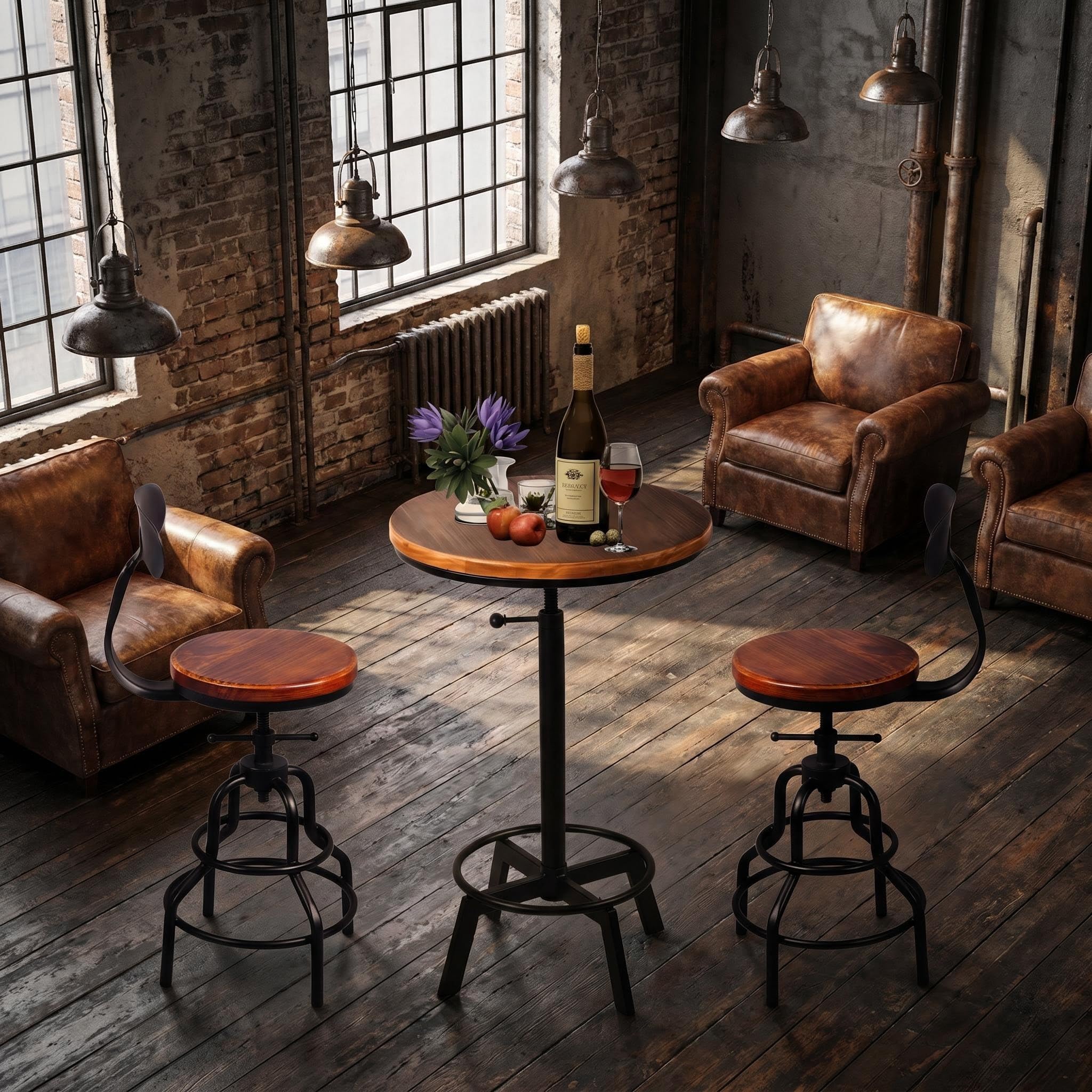 Diwhy 3 Piece Bar Set Industrial Style Adjustable Dia 19.7" Bar Table and 2 Stools with Backrest for Kitchen, Pub, Bistro