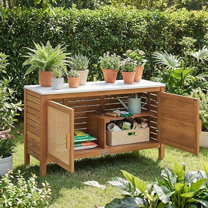 Acacia Wood Outdoor Storage Cabinet with Faux Marble Top
