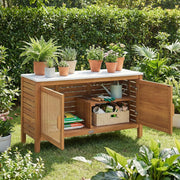 Goplus Outdoor Console Table, Acacia Wood Patio Storage Cabinet with Fax Marble Top, Rattan Doors, Inner Shelves & Hidden Compartment, Outdoor Sideboard for Patio (Rattan Door)