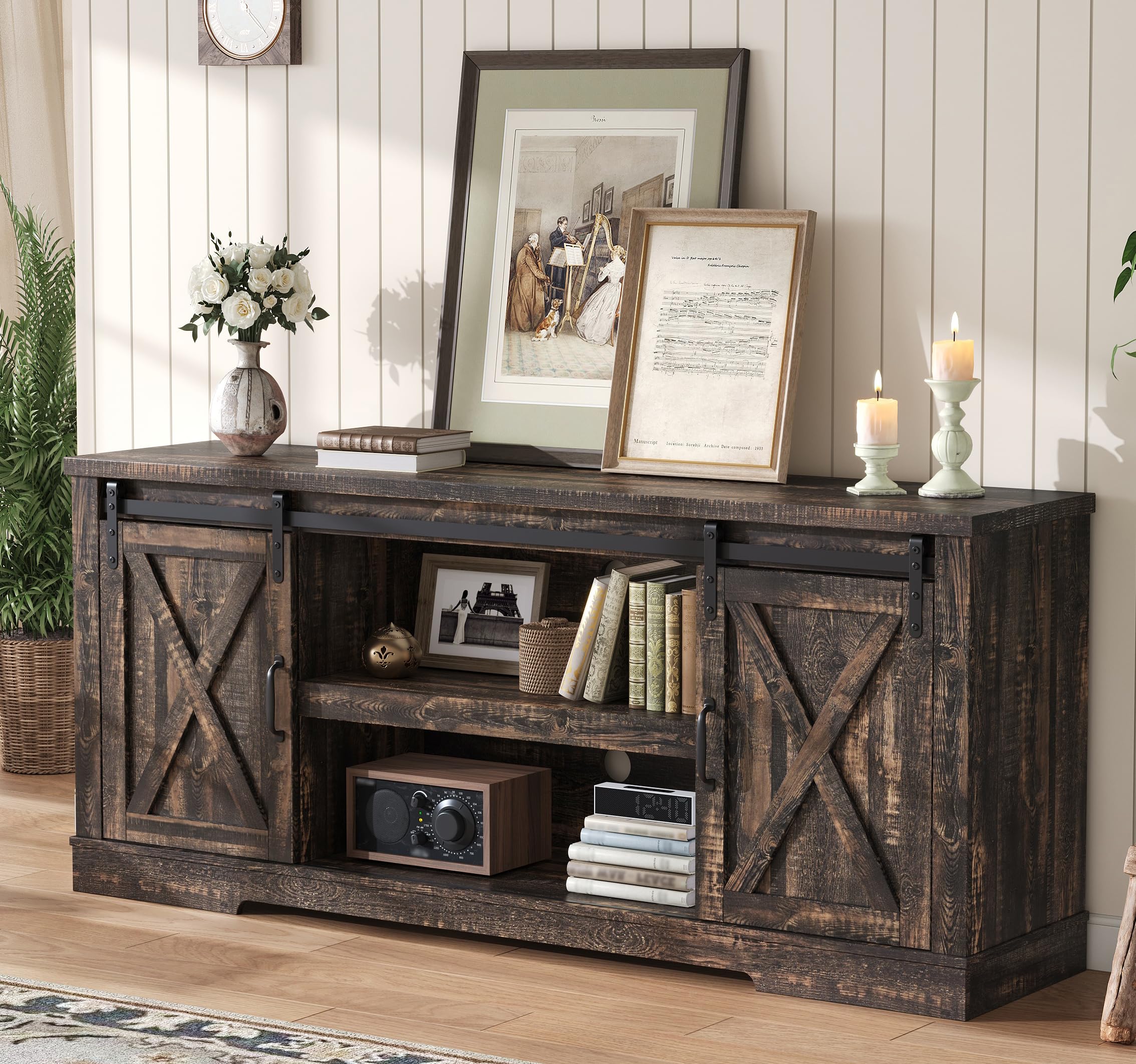 66" Farmhouse TV Stand with Sliding Barn Door