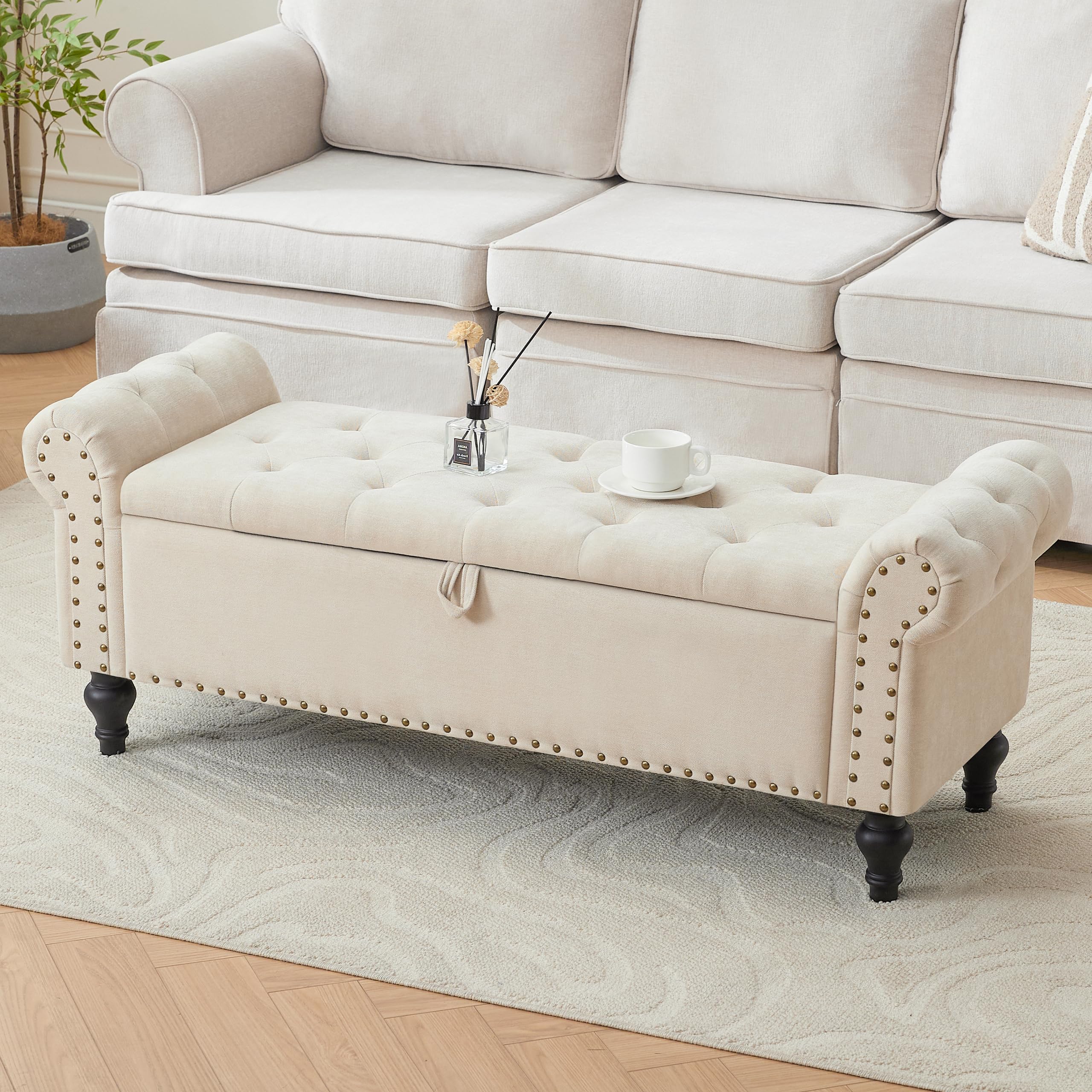 Dowiean 51" Storage Ottoman Bench, End of Bed Bench for Bedroom, Storage Ottomans for Foot of Bed, Chenille Upholstered Benches, Window Benches for Living Room, Entryway, Beige