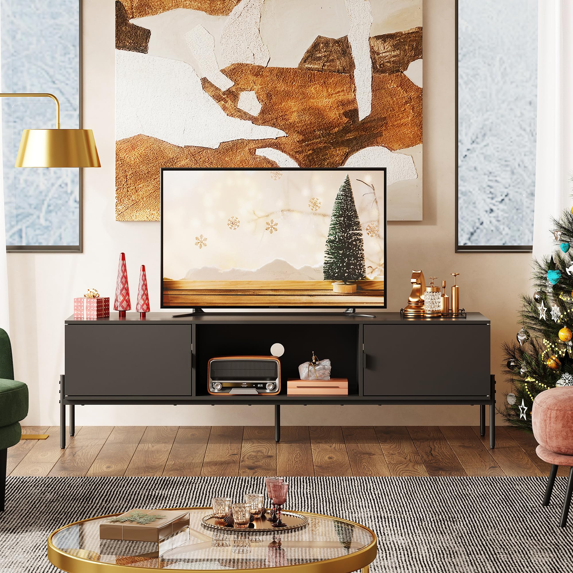 WLIVE 58" TV Stand for 65 Inch TVs, Mid Century Modern Entertainment Center with 2 Storage Cabinets & Open Shelf, Media Console Table with Metal Legs for Living Room, Bedroom, Black