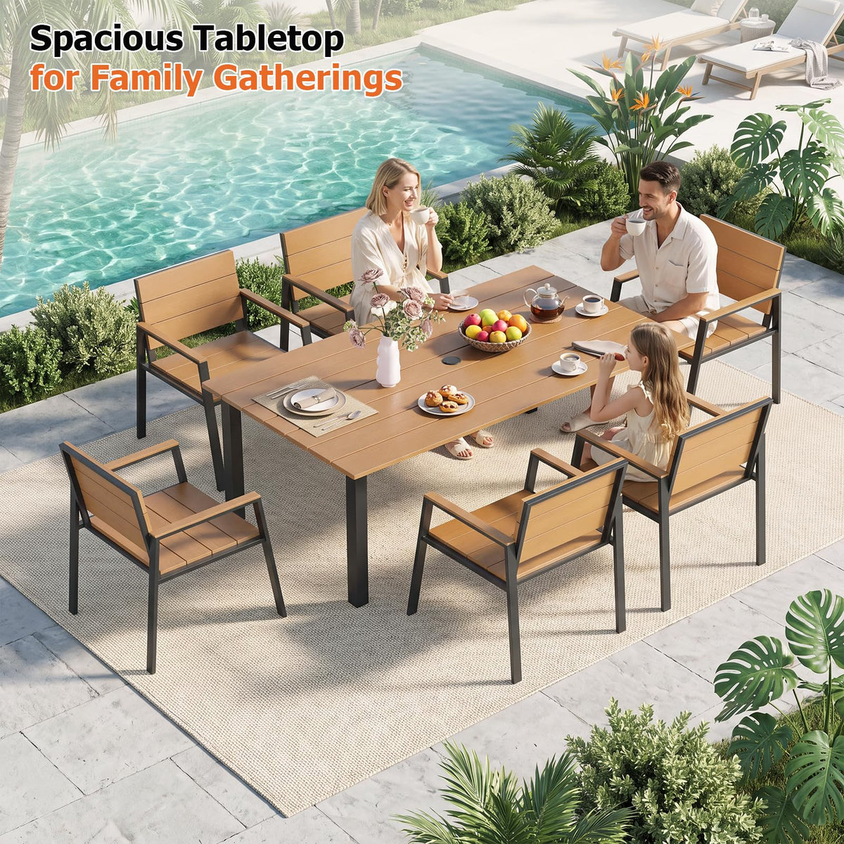 LazySunsets Outdoor Dining Set with Umbrella Hole (Blacky/Teak, 7 Piece)