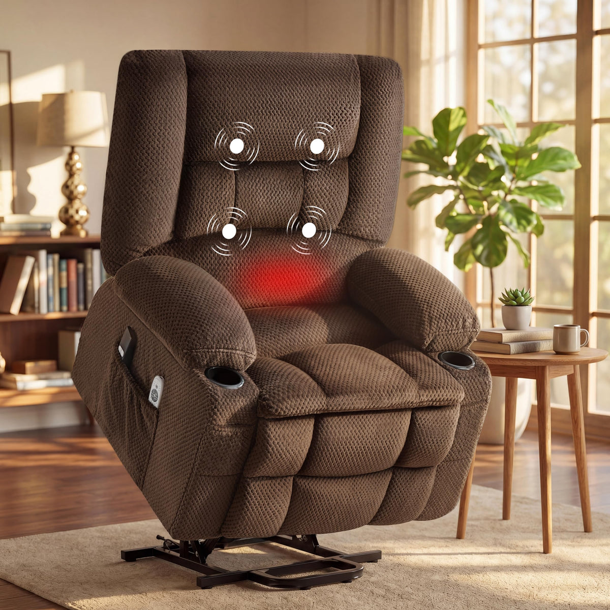 Power Lift Recliner Chair for Elderly, Electric Reclining Lift Chair with Massage and Heating, Comfy Overstuffed Recliner Single Sofa with Cup Holders, Pockets, USB Charge Port for Living Room,Brown