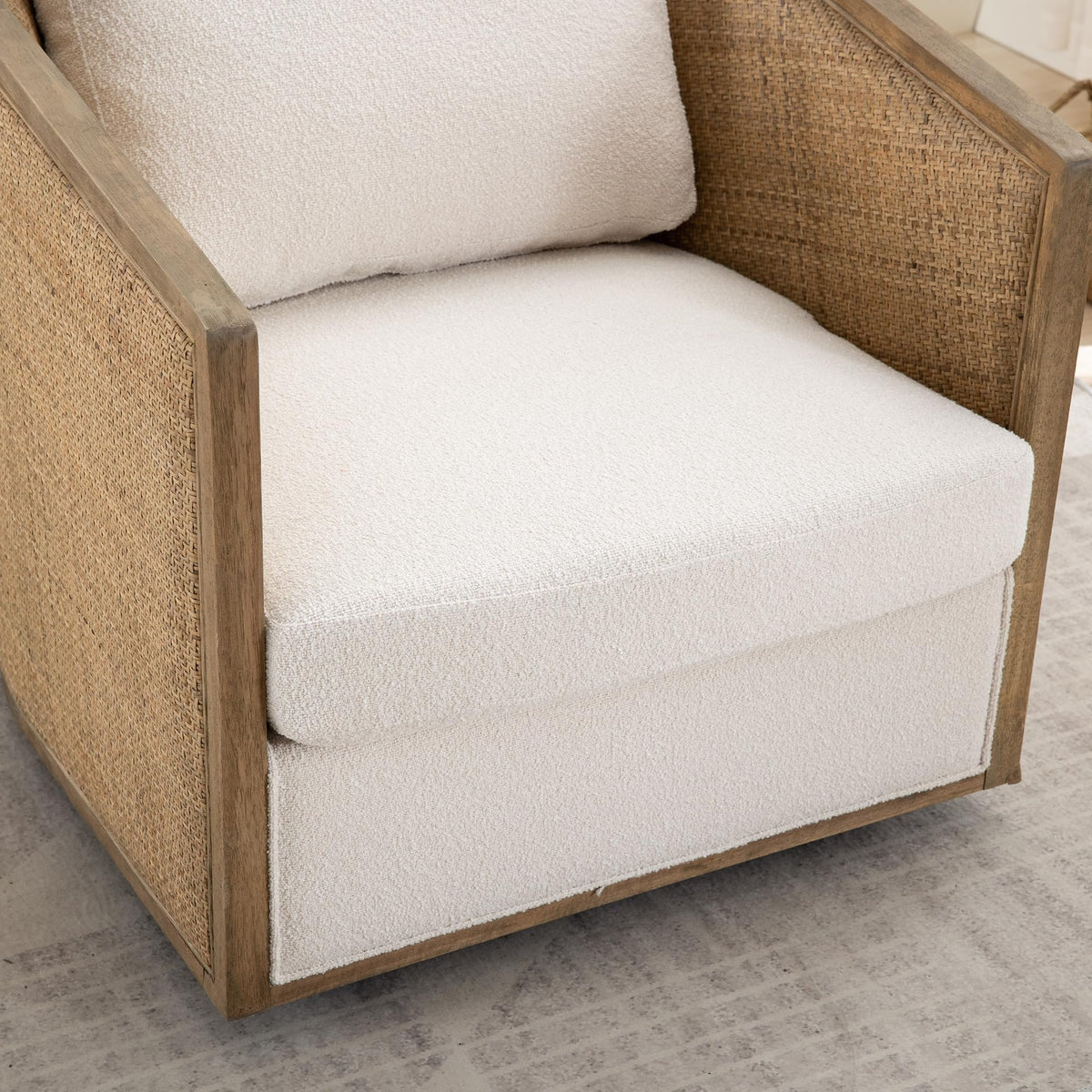Beige Boucle Swivel Barrel Chair