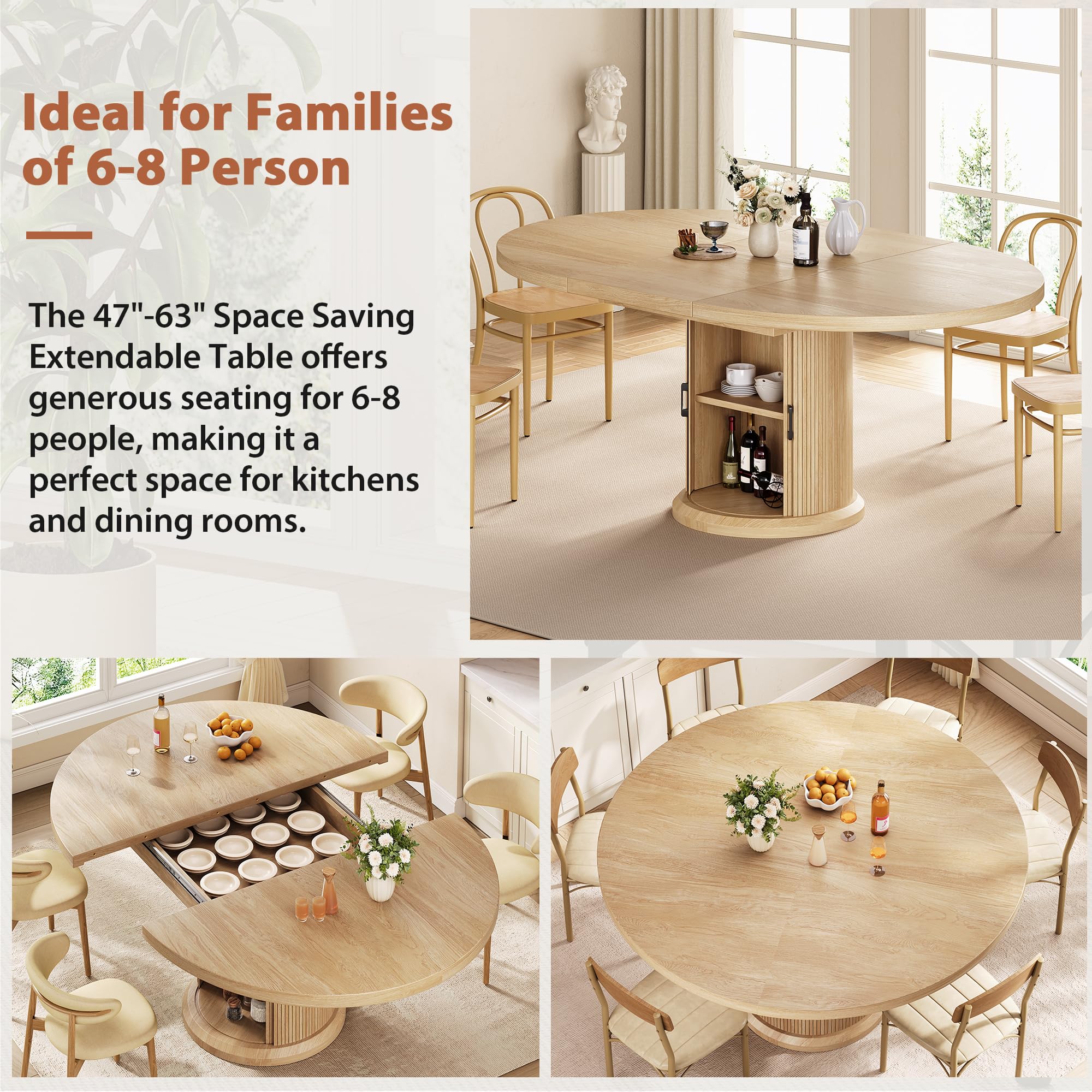 Extendable Round Dining Table 47"-63" with 2-Tier Storage Shelf