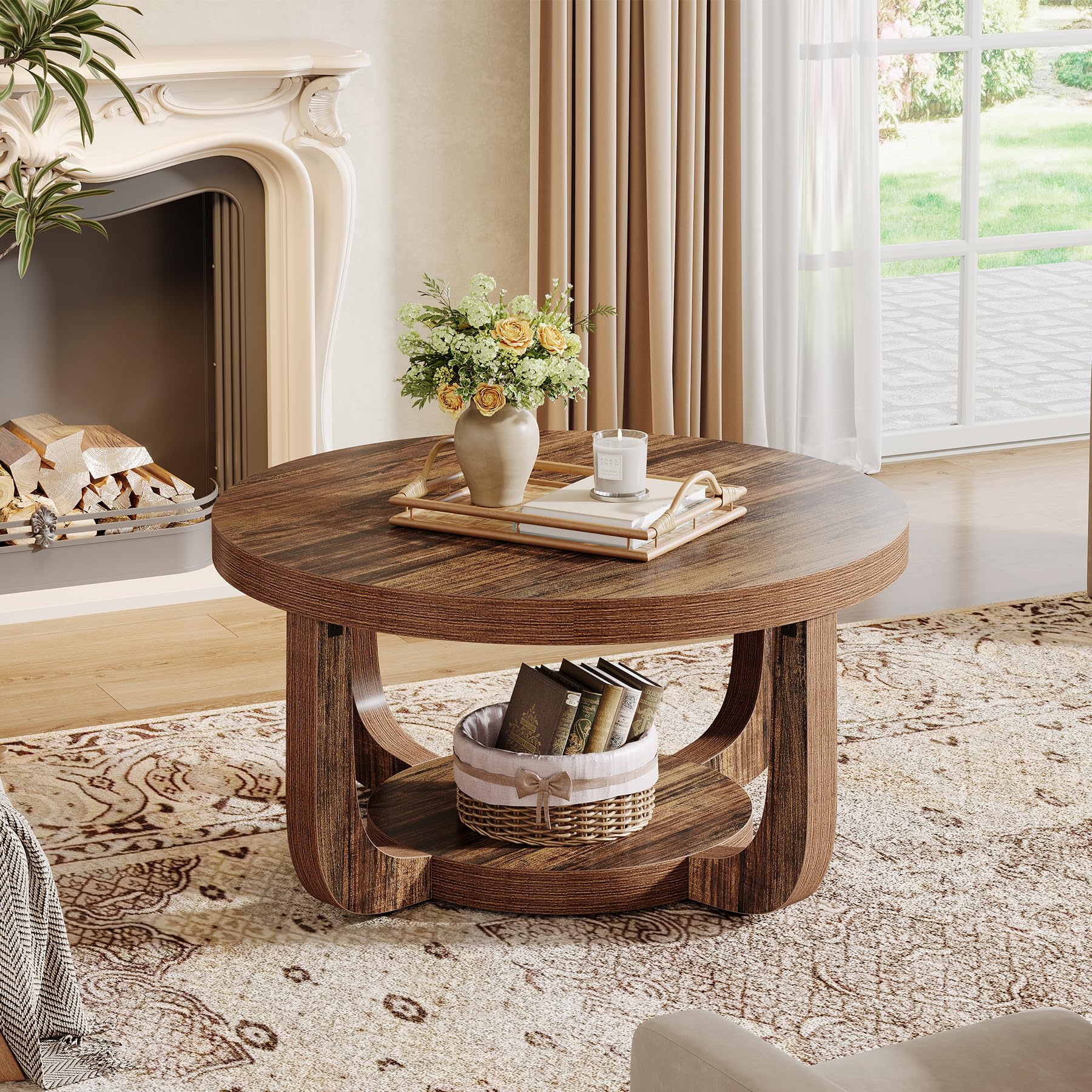 Tribesigns Round Coffee Table, 2-Tier Circle Coffee Table with Storage, Modern Wooden Accent Center Table for Living Room, Thick Tabletop & Base, Dark Brown