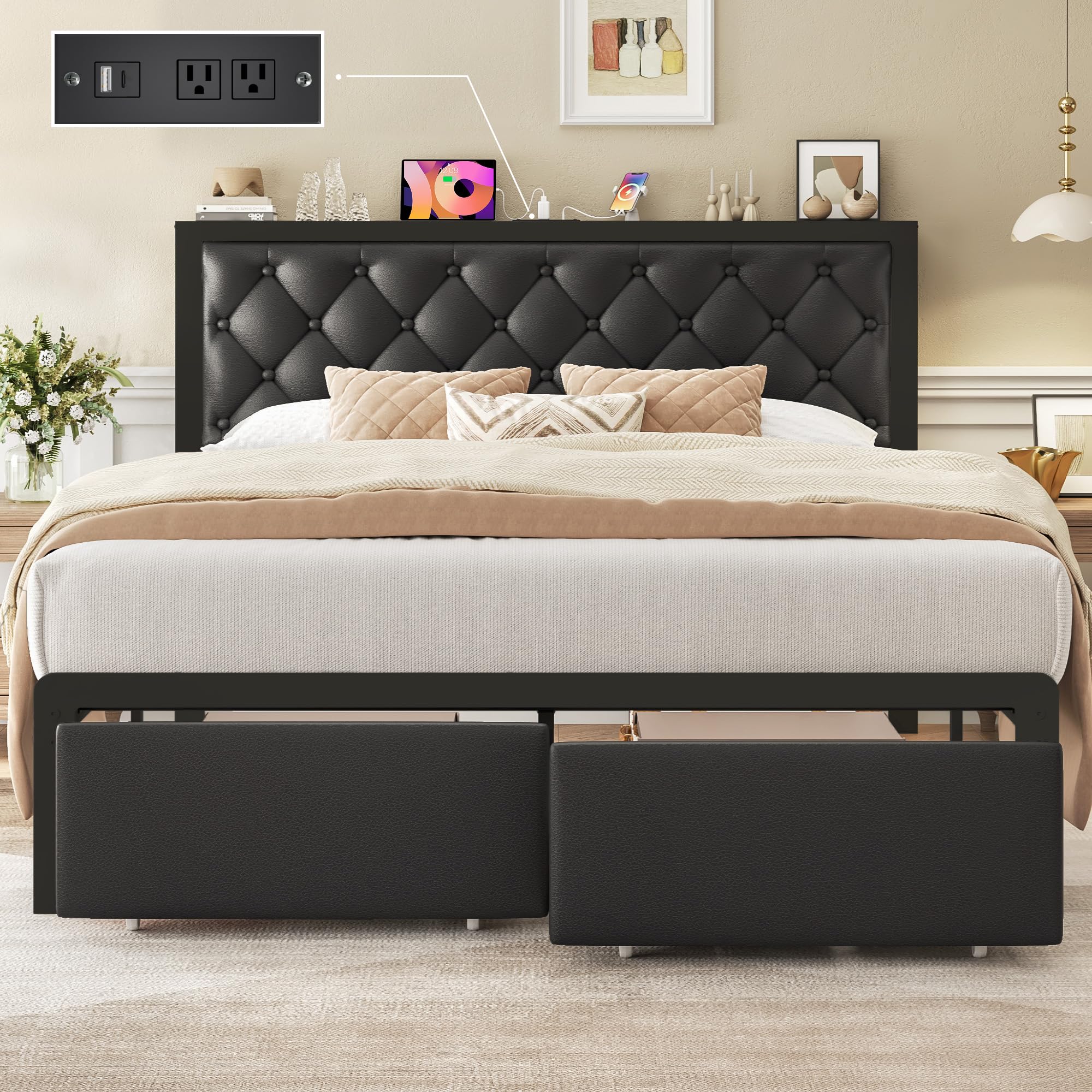 Queen Bed Frame with Storage Drawers & Charging Station
