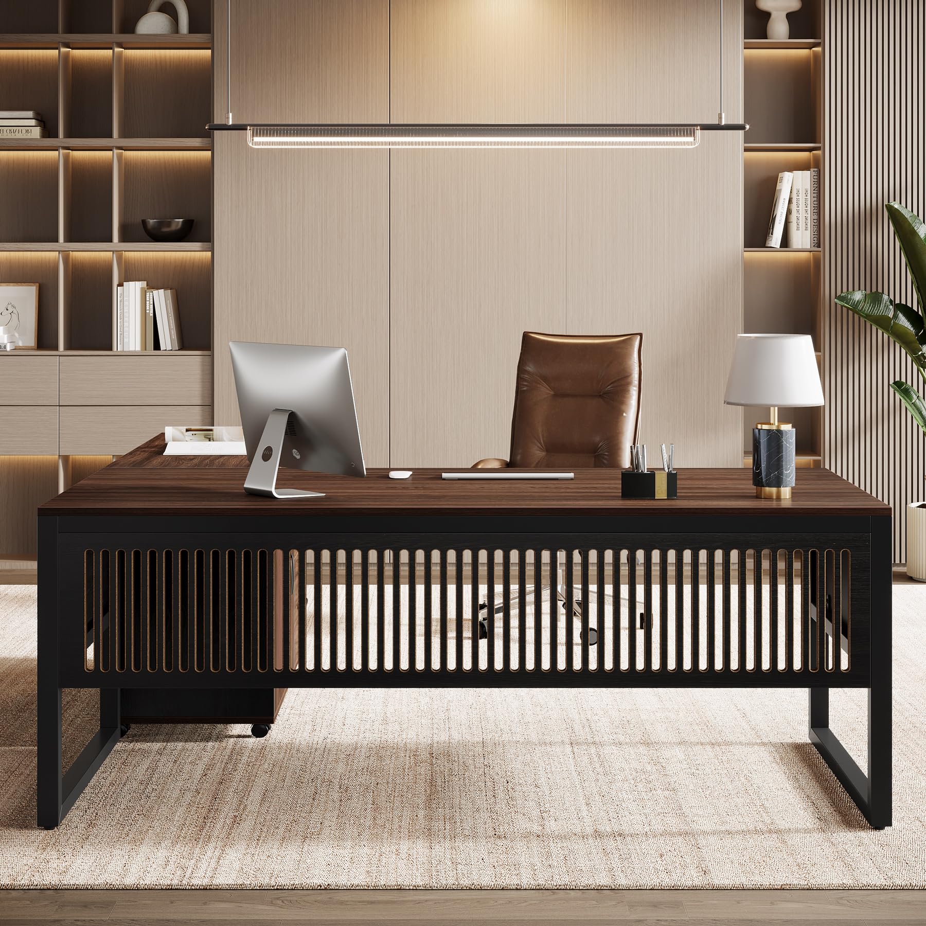 L-Shaped Executive Desk with Mobile File Cabinet