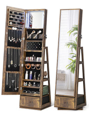 Nicetree 360° Swivel Jewelry Cabinet with Lights, Touch Screen Vanity Mirror, Rotatable Full Length Mirror with Jewelry Storage, Standing Jewelry Armoire Organizer, Gift Idea, Rustic Brown