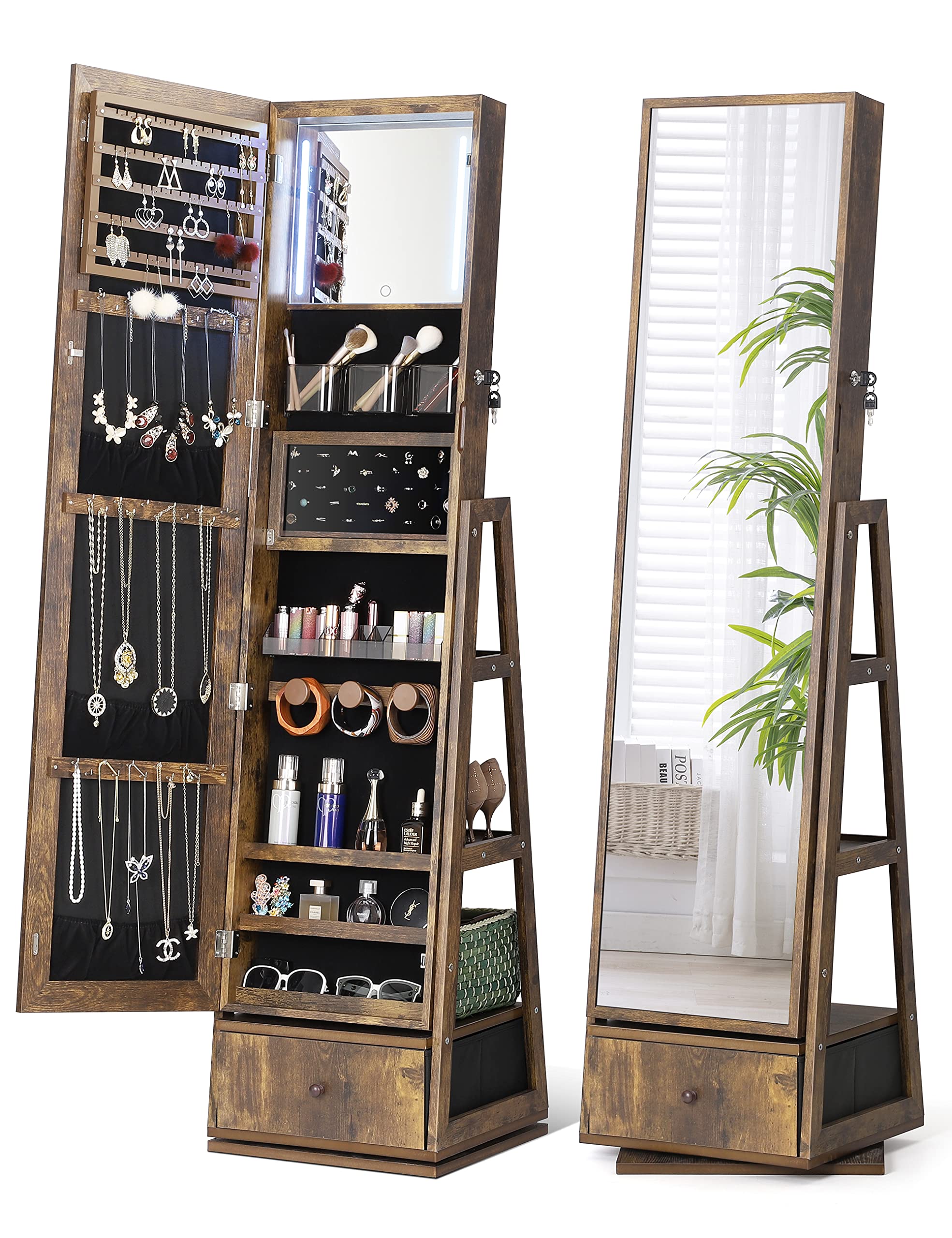 Nicetree 360° Swivel Jewelry Cabinet with Lights, Touch Screen Vanity Mirror, Rotatable Full Length Mirror with Jewelry Storage, Standing Jewelry Armoire Organizer, Gift Idea, Rustic Brown