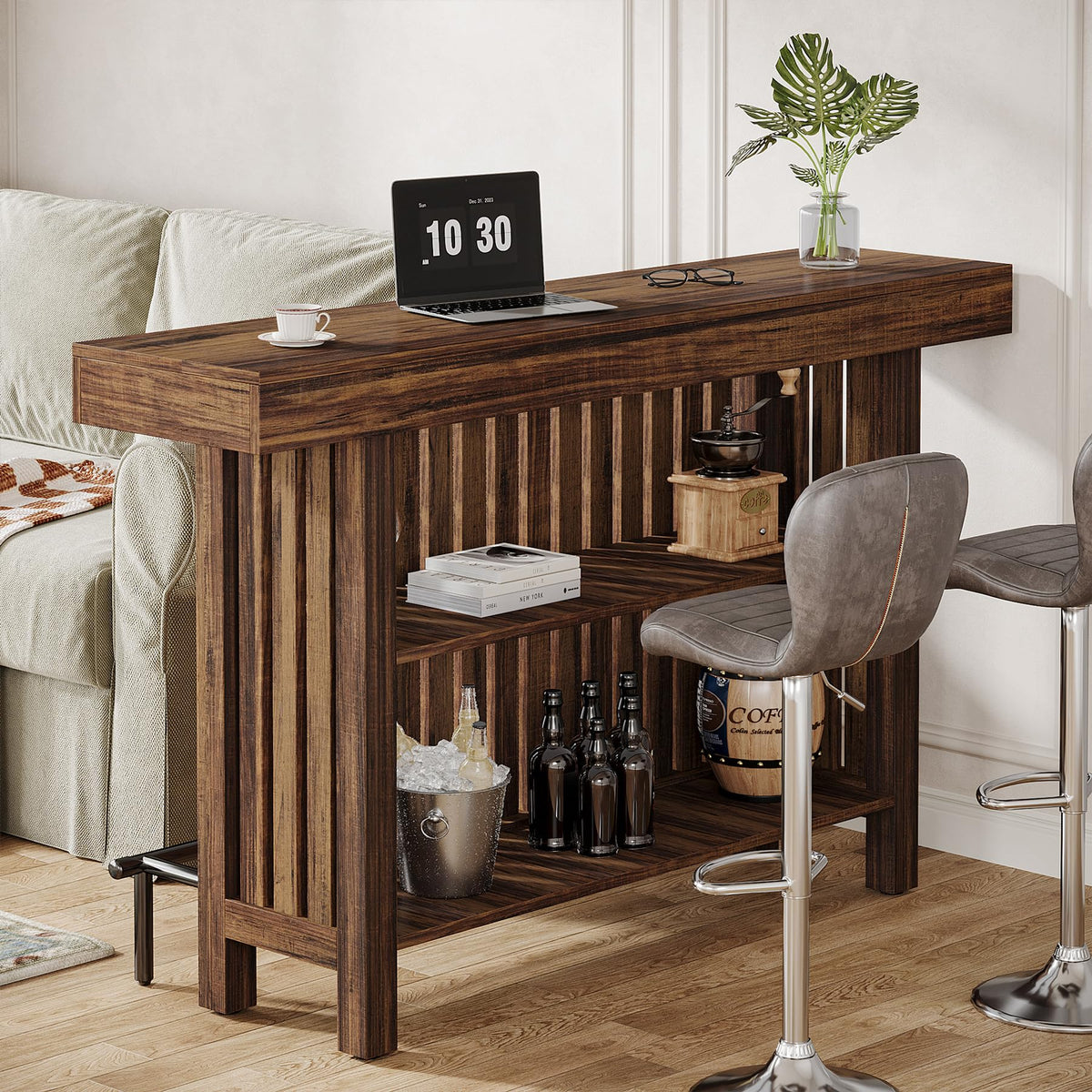 Rustic Brown Bar Table with Storage