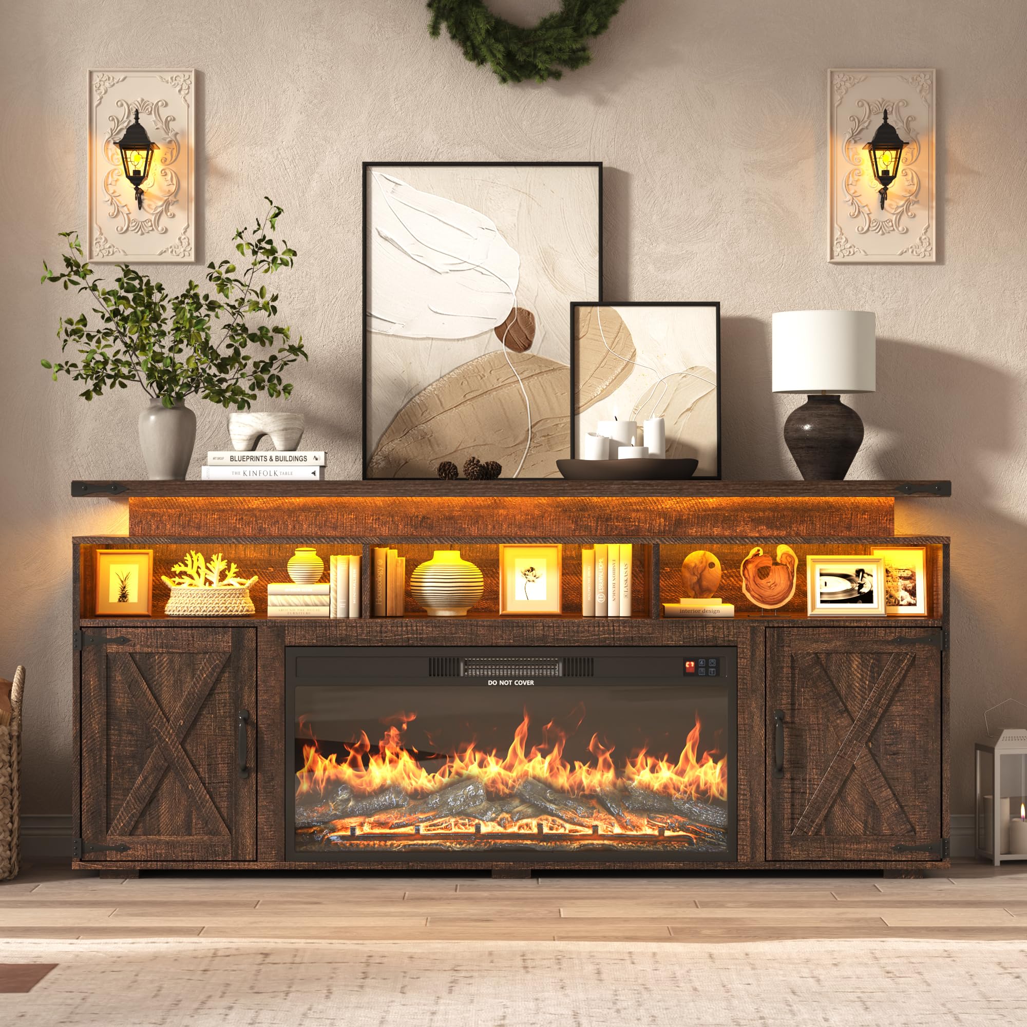 70" Fireplace TV Stand with Electric Fireplace & Storage