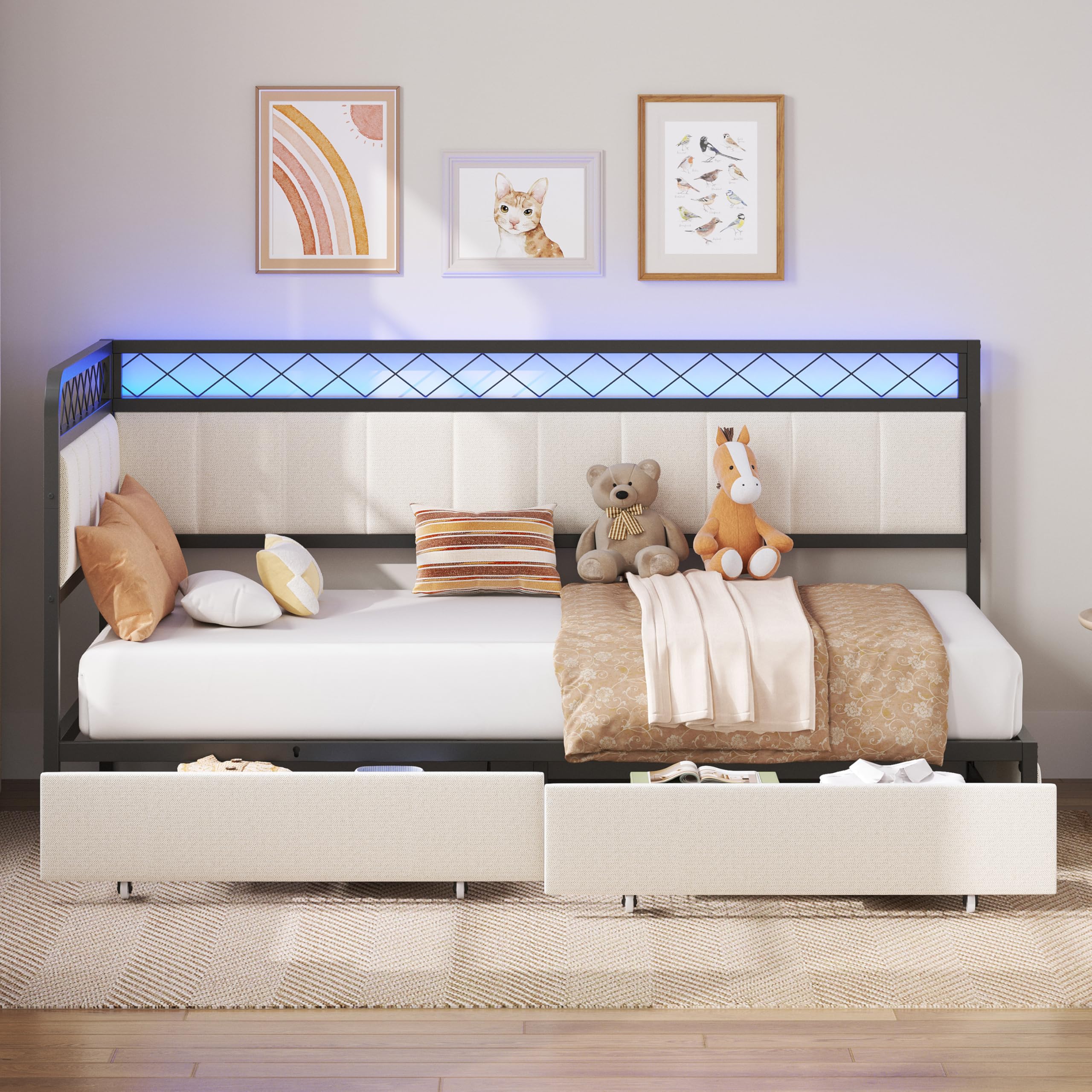 Twin L-Shaped Daybed with LED, Charging Station & Storage Drawers
