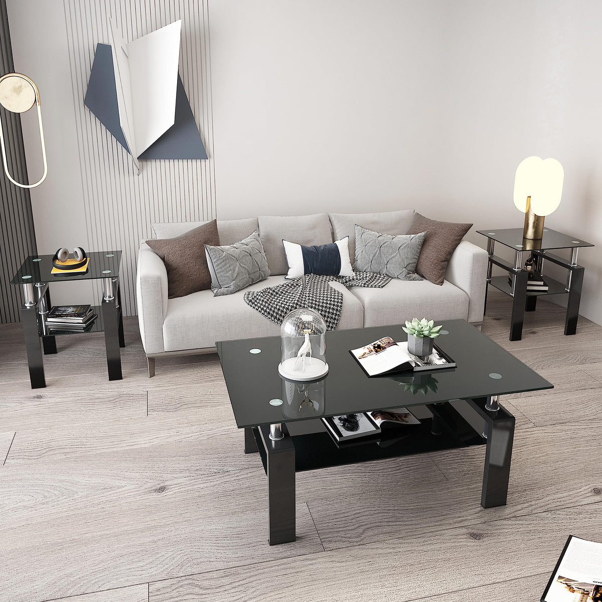 3 Piece Living Room Table Set, Glass Coffee Table and End Table Set of 3, Coffee Table Set with Tempered Glass & Metal Legs for Livingroom Table, Bedroom Nightstand. (Style 1, Black Glass+Black Leg)
