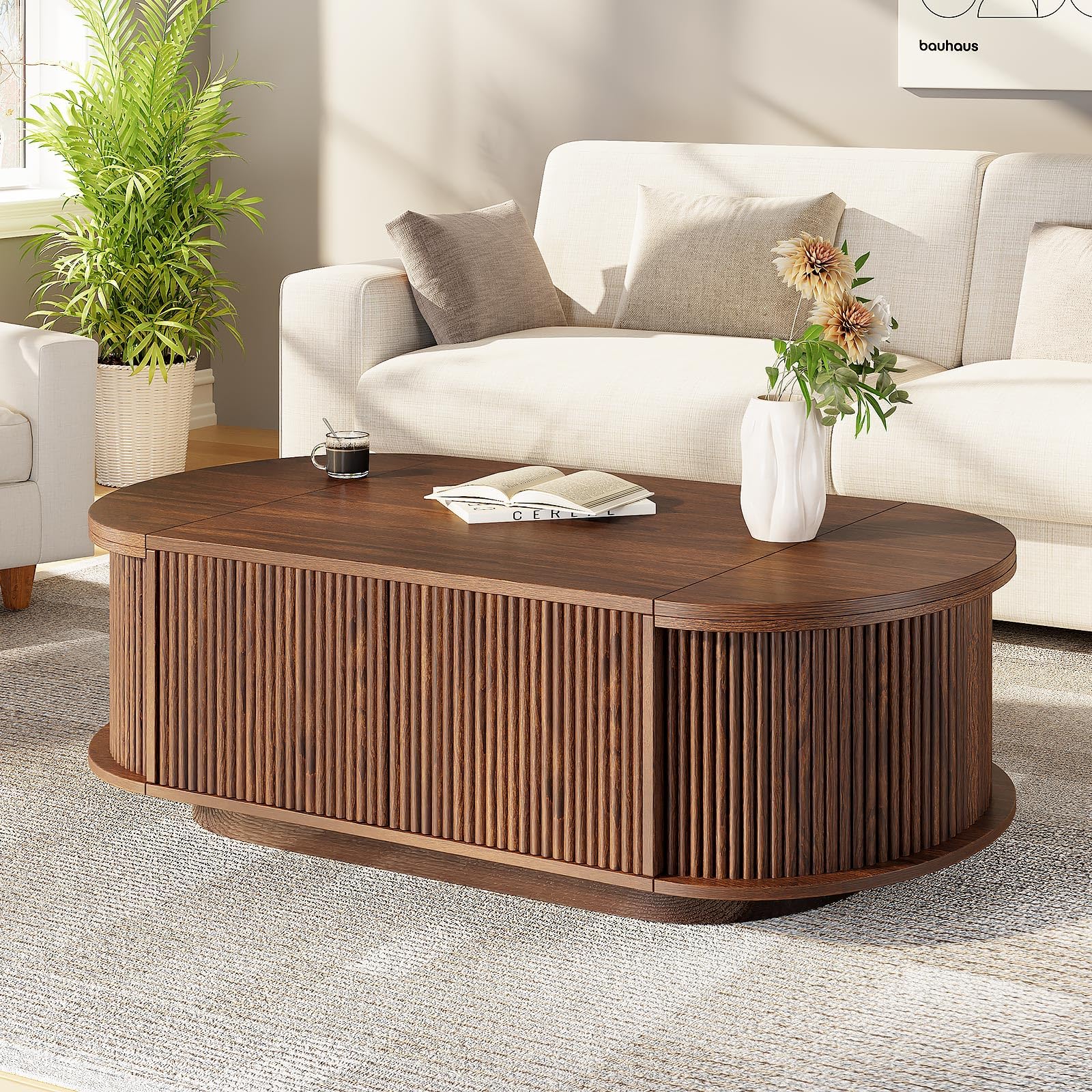 Oval Fluted Coffee Table with Flip-Top Storage