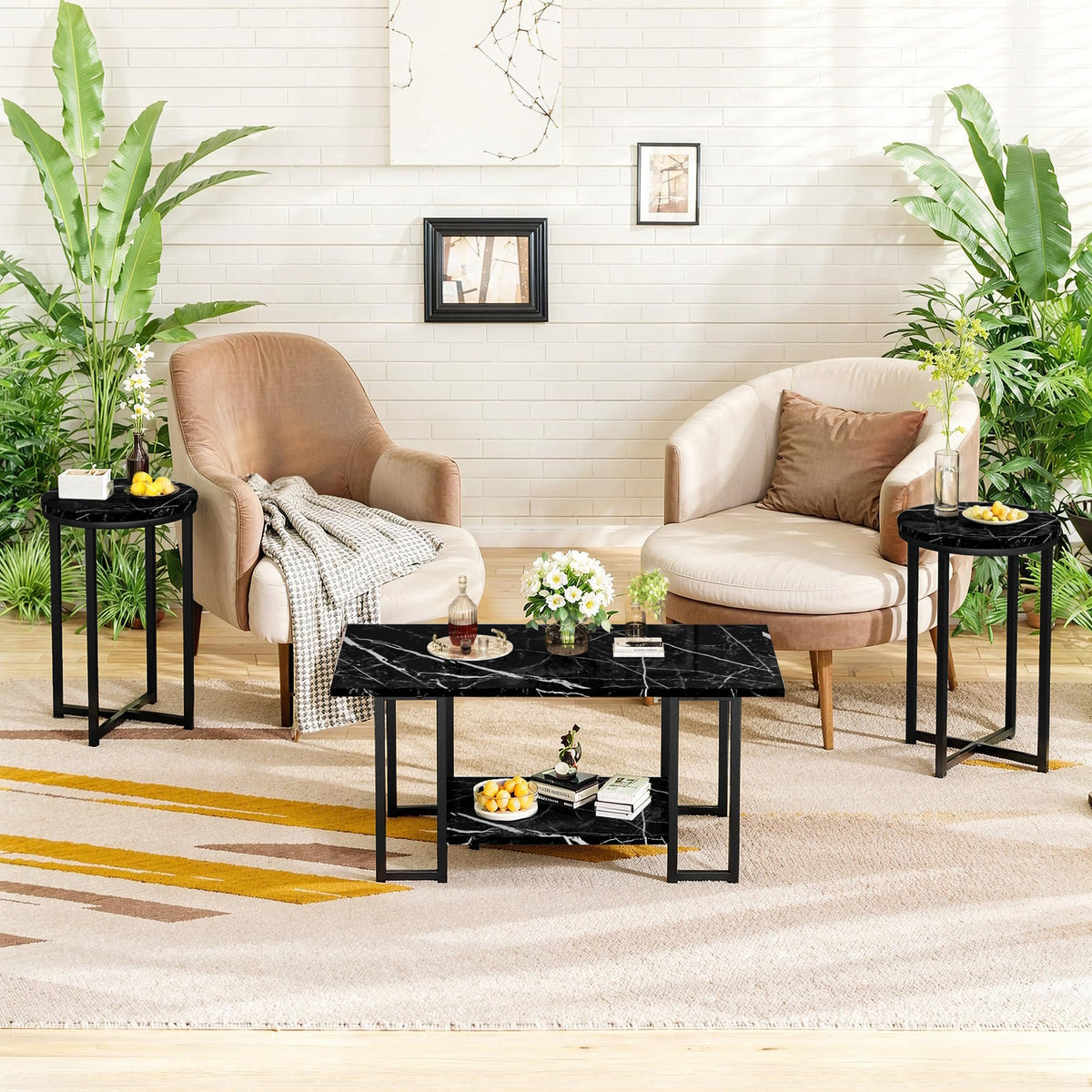 AWQM Coffee Table Set of 3, Faux Marble Living Room Table Set, Black