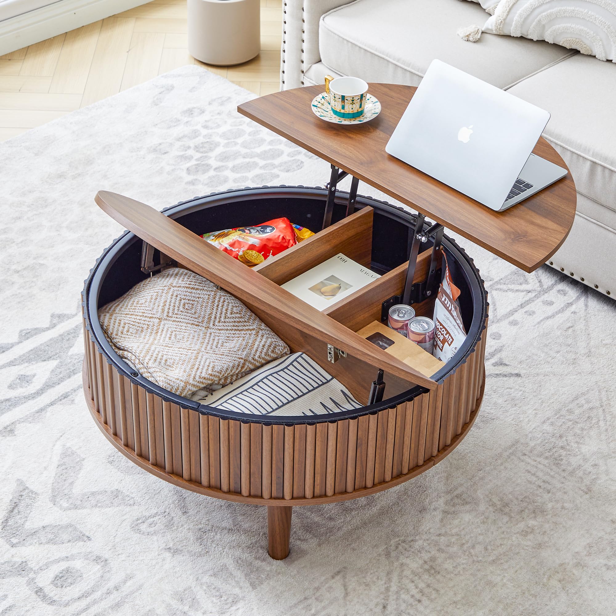 Janmer Home Round Lift Top Coffee Table with Storage, Fluted Mid Century Modern Coffee Tables, Small Space,31.5" Wooden Center Table for Living Room, Apartment, Office (Walnut)