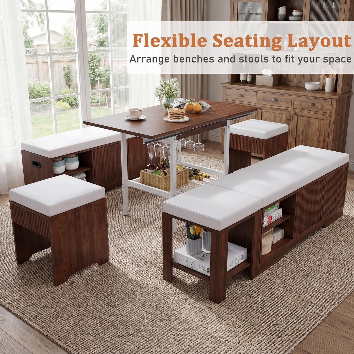 Extendable Breakfast Nook Set with Storage Bench, 6-Piece Corner Dining Set
